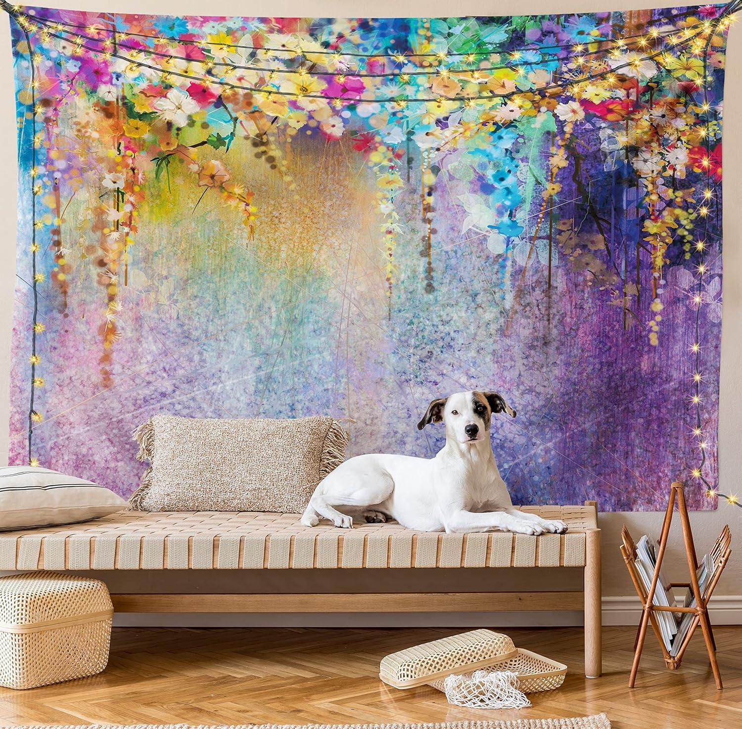 imageAmbesonne Hippie Tapestry Modern Scandi Crescent with Boho Floral and Leaves Greenery Black Cat Fabric Wall Hanging Decor for Bedroom Living Room Dorm 30quot X 45quot Grey Yellow Charcoal GreyBlue Purple