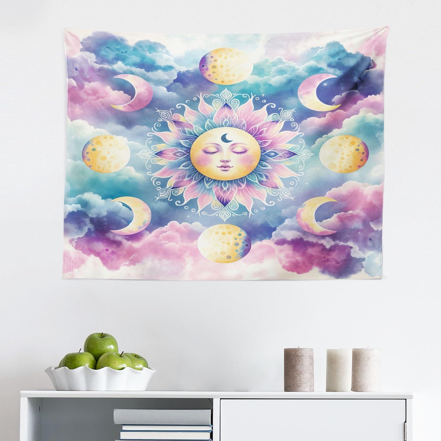 imageAmbesonne Hippie Tapestry Modern Scandi Crescent with Boho Floral and Leaves Greenery Black Cat Fabric Wall Hanging Decor for Bedroom Living Room Dorm 30quot X 45quot Grey Yellow Charcoal GreyPale Purple Blue and Cream