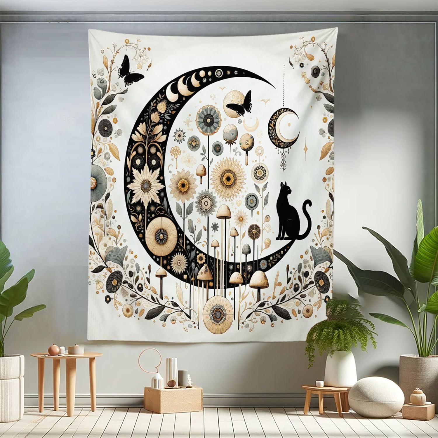 imageAmbesonne Hippie Tapestry Modern Scandi Crescent with Boho Floral and Leaves Greenery Black Cat Fabric Wall Hanging Decor for Bedroom Living Room Dorm 30quot X 45quot Grey Yellow Charcoal GreyGrey Yellow Charcoal Grey
