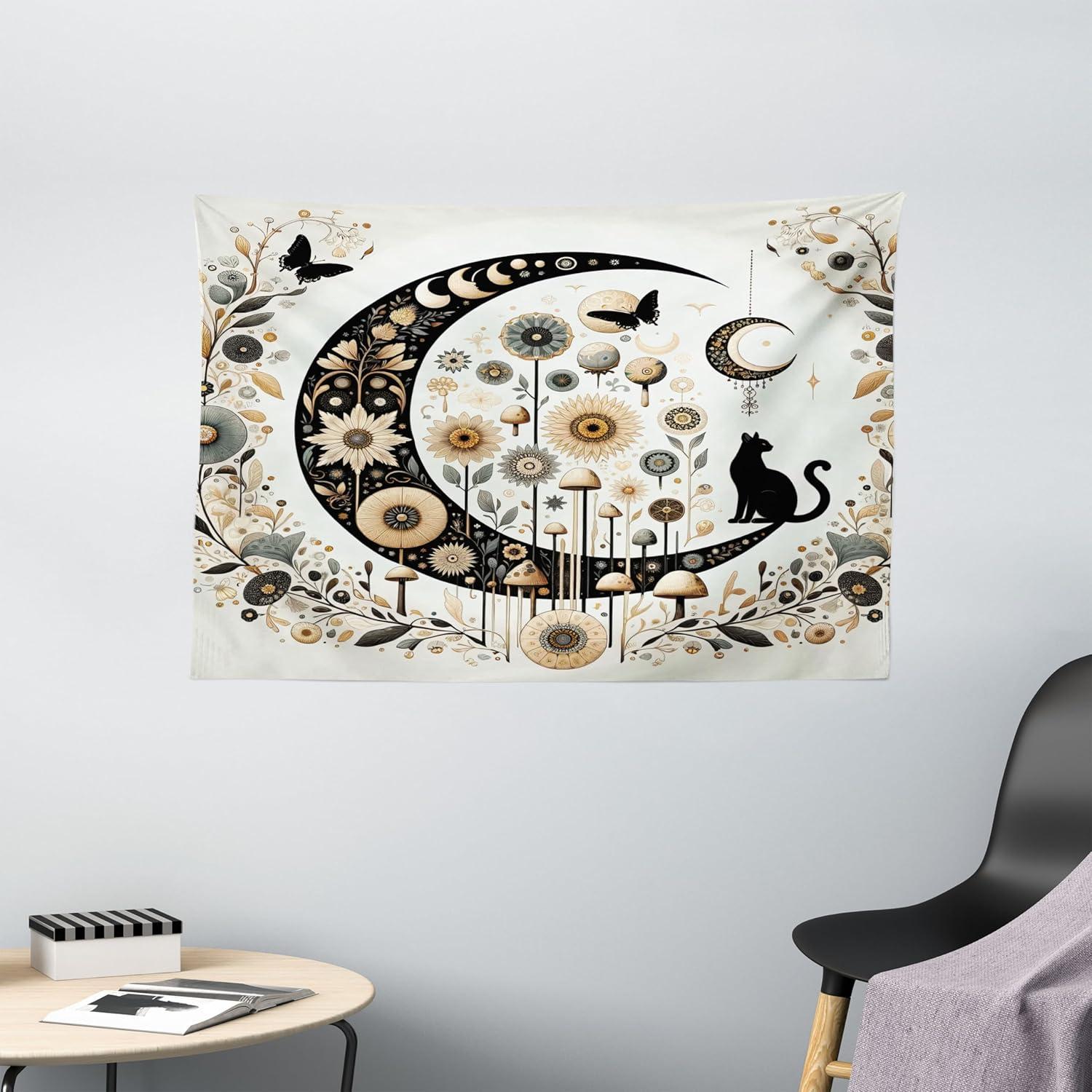 imageAmbesonne Hippie Tapestry Modern Scandi Crescent with Boho Floral and Leaves Greenery Black Cat Fabric Wall Hanging Decor for Bedroom Living Room Dorm 30quot X 45quot Grey Yellow Charcoal GreyGrey Yellow Charcoal Grey