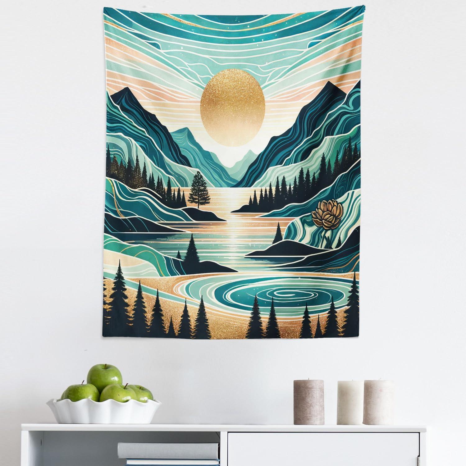 imageAmbesonne Hippie Tapestry Modern Scandi Crescent with Boho Floral and Leaves Greenery Black Cat Fabric Wall Hanging Decor for Bedroom Living Room Dorm 30quot X 45quot Grey Yellow Charcoal GreyTeal Cadet Blue Almond