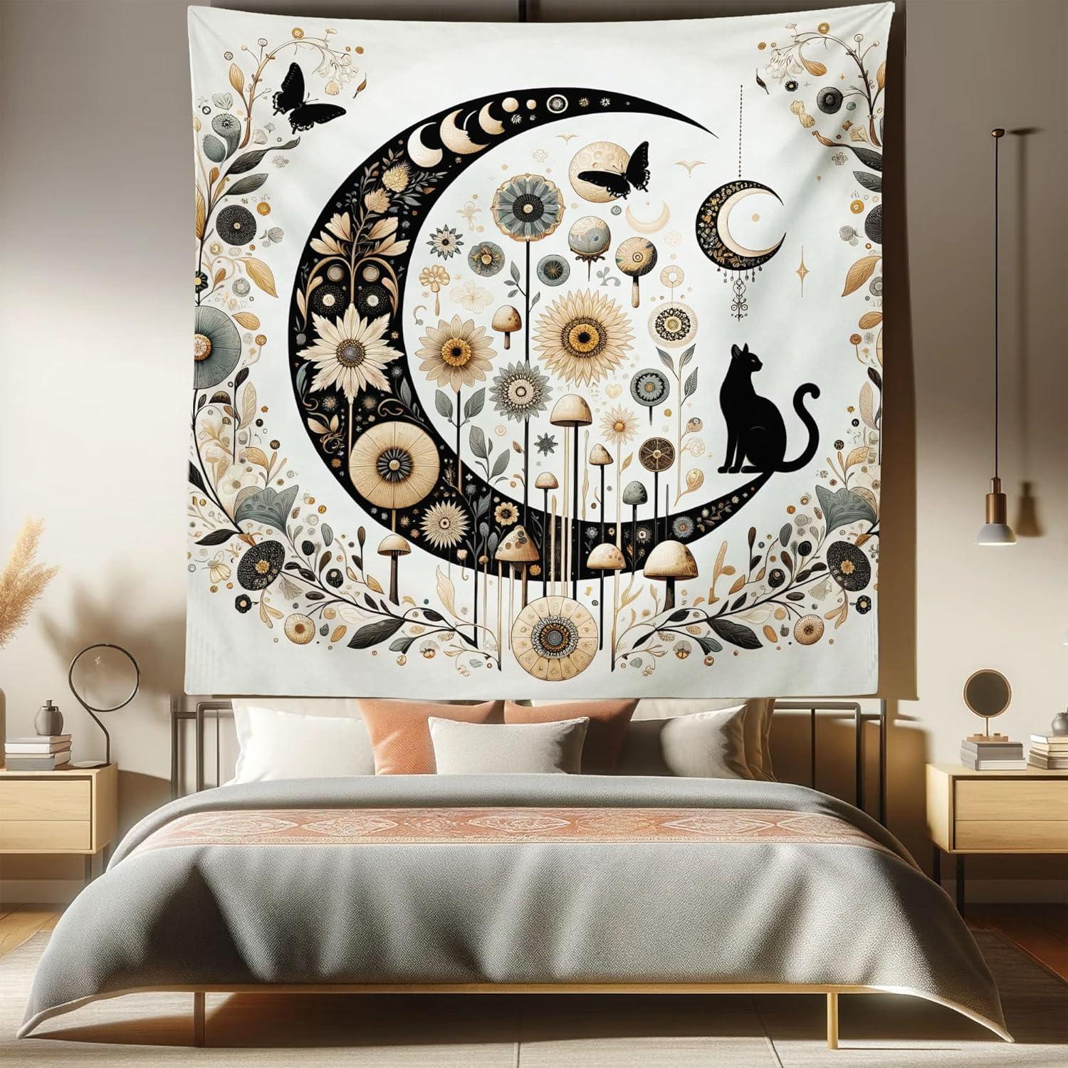 imageAmbesonne Hippie Tapestry Modern Scandi Crescent with Boho Floral and Leaves Greenery Black Cat Fabric Wall Hanging Decor for Bedroom Living Room Dorm 30quot X 45quot Grey Yellow Charcoal GreyGrey Yellow Charcoal Grey