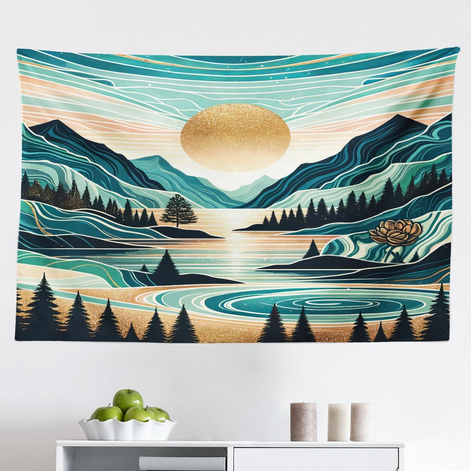 imageAmbesonne Hippie Tapestry Modern Scandi Crescent with Boho Floral and Leaves Greenery Black Cat Fabric Wall Hanging Decor for Bedroom Living Room Dorm 30quot X 45quot Grey Yellow Charcoal GreyTeal Cadet Blue Almond