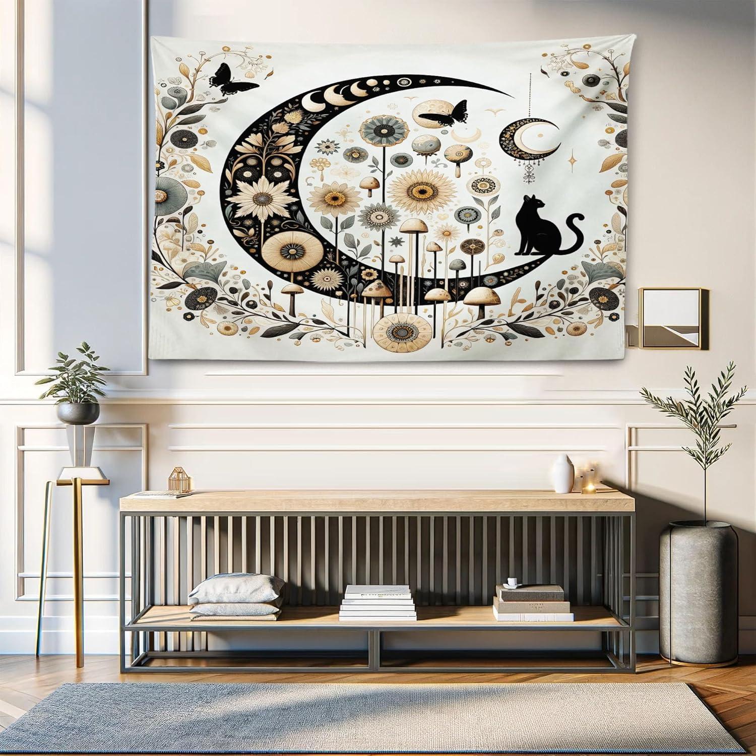 imageAmbesonne Hippie Tapestry Modern Scandi Crescent with Boho Floral and Leaves Greenery Black Cat Fabric Wall Hanging Decor for Bedroom Living Room Dorm 30quot X 45quot Grey Yellow Charcoal GreyGrey Yellow Charcoal Grey