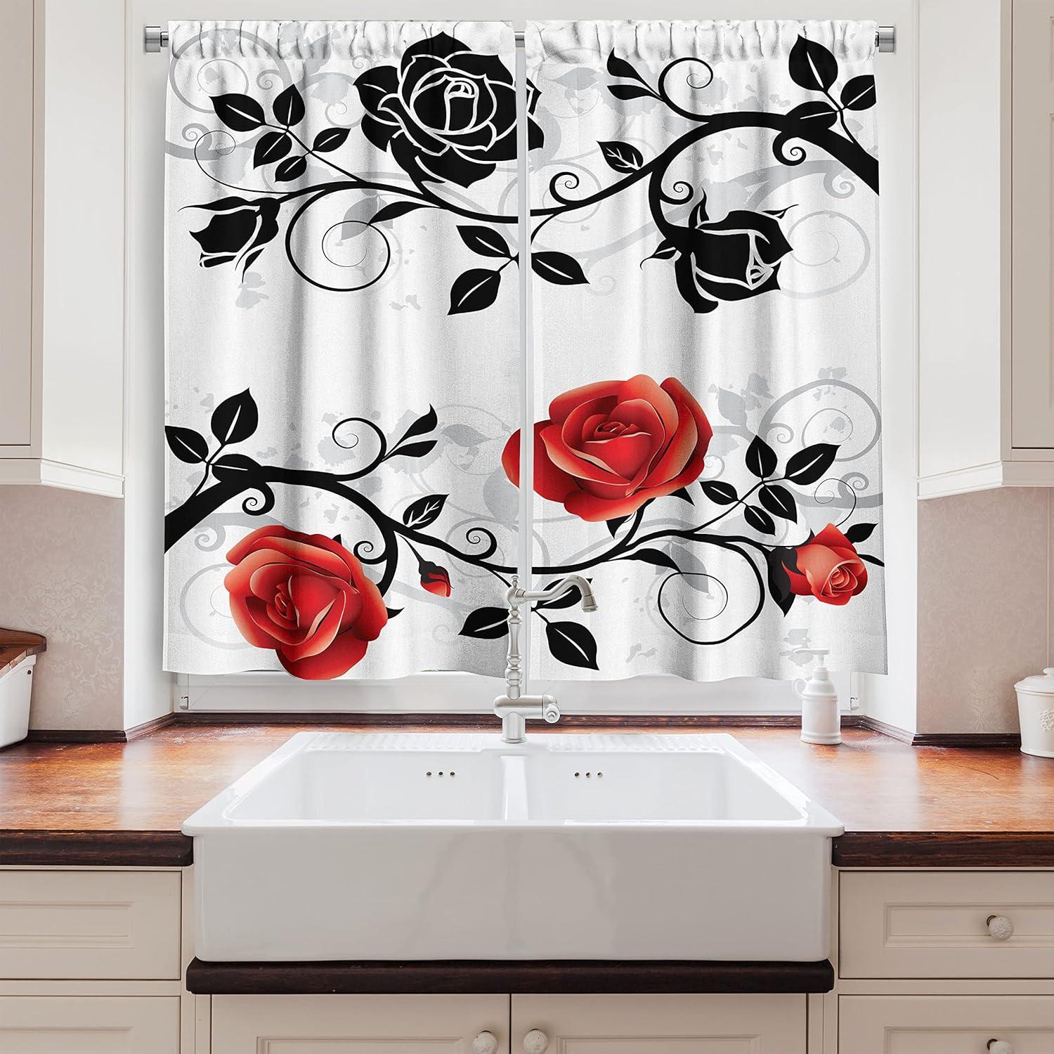 imageAmbesonne Kitchen Decor Collection Sunset View on The Beach Shore Waves Surf Modern Home Decor Rocks Boats Sea Scenery Window Treatments for Kitchen Curtains 2 Panels 55X39 Inches Blue OrangeVermilion Grey