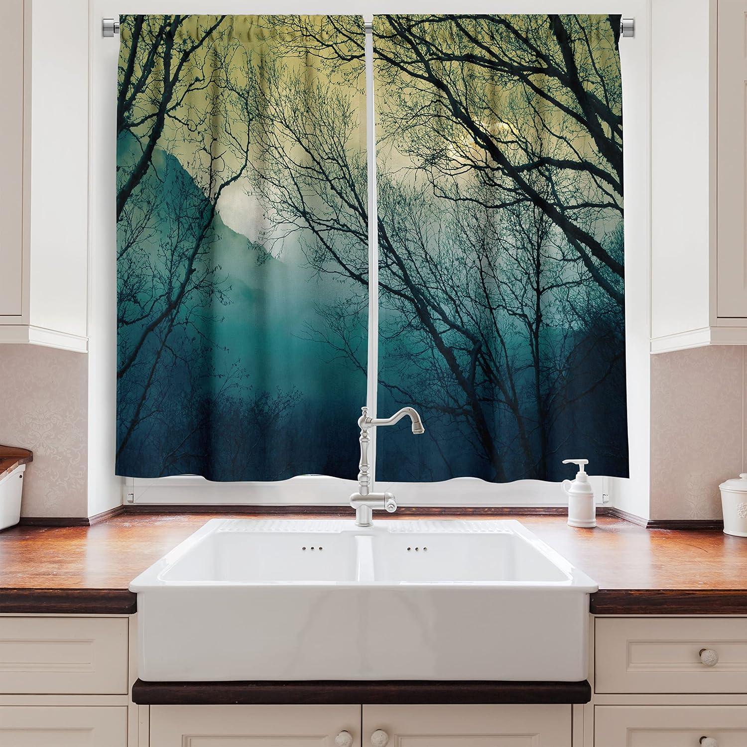 imageAmbesonne Kitchen Decor Collection Sunset View on The Beach Shore Waves Surf Modern Home Decor Rocks Boats Sea Scenery Window Treatments for Kitchen Curtains 2 Panels 55X39 Inches Blue OrangePetrol Blue