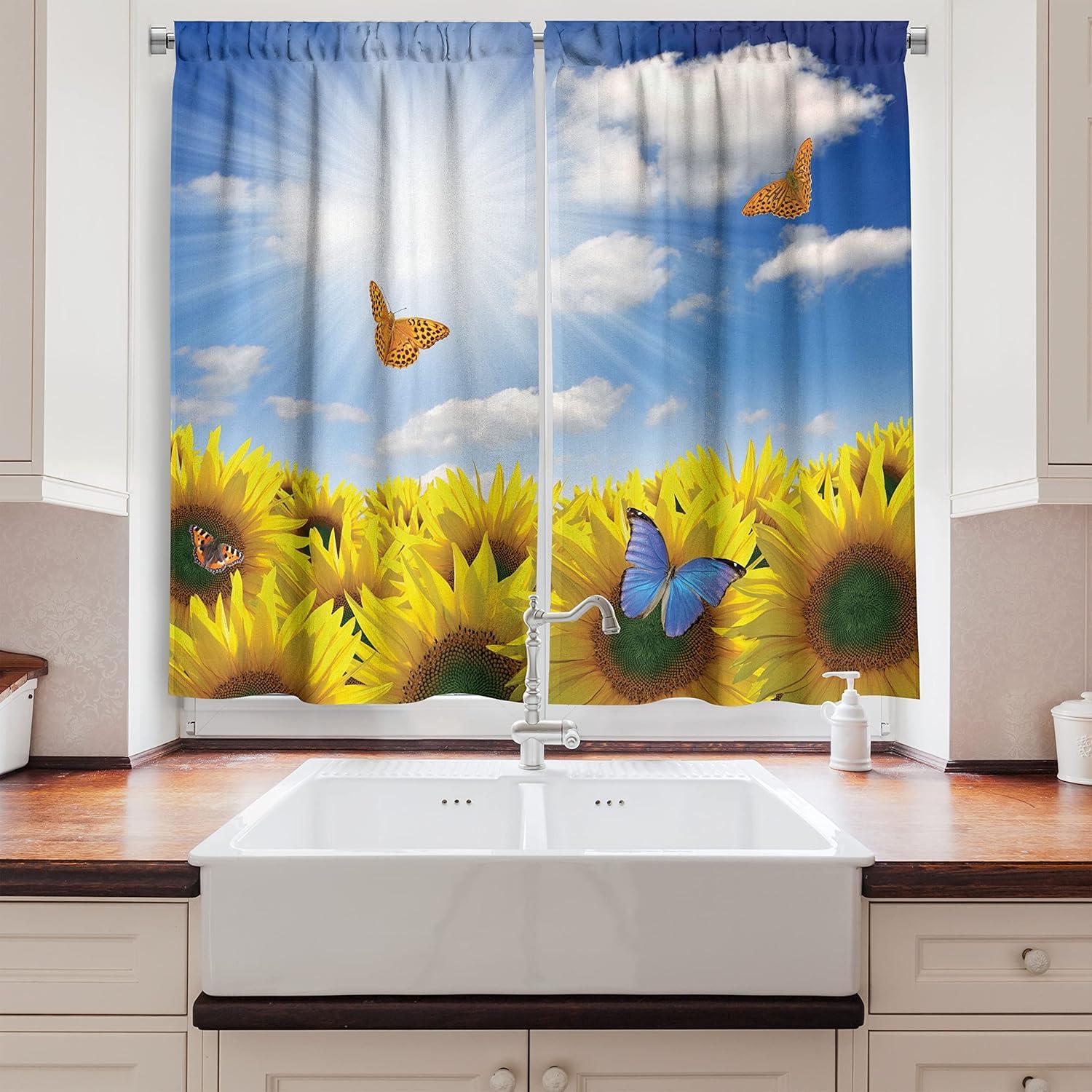 imageAmbesonne Kitchen Decor Collection Sunset View on The Beach Shore Waves Surf Modern Home Decor Rocks Boats Sea Scenery Window Treatments for Kitchen Curtains 2 Panels 55X39 Inches Blue OrangeYellow Blue