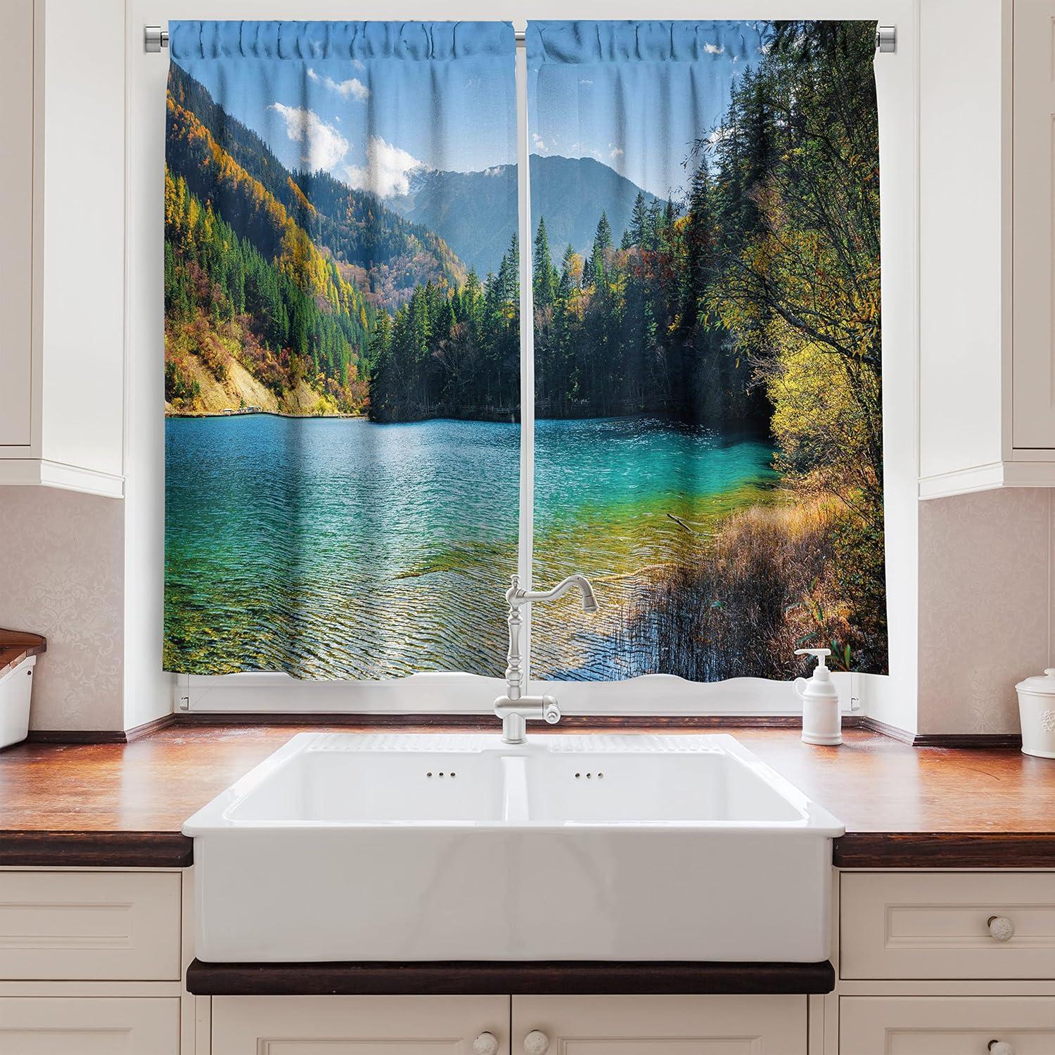 imageAmbesonne Kitchen Decor Collection Sunset View on The Beach Shore Waves Surf Modern Home Decor Rocks Boats Sea Scenery Window Treatments for Kitchen Curtains 2 Panels 55X39 Inches Blue OrangeGreen and Blue
