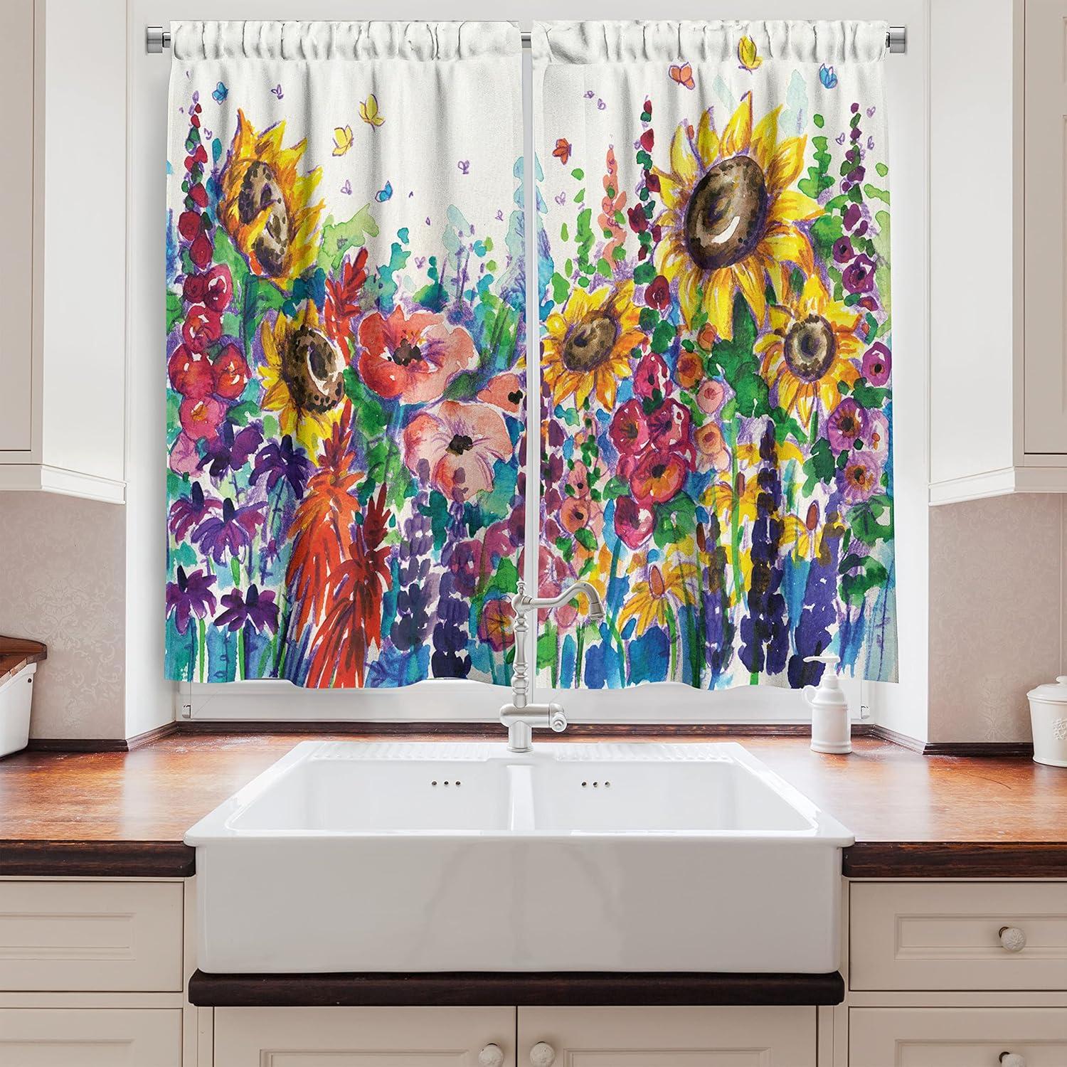 imageAmbesonne Kitchen Decor Collection Sunset View on The Beach Shore Waves Surf Modern Home Decor Rocks Boats Sea Scenery Window Treatments for Kitchen Curtains 2 Panels 55X39 Inches Blue OrangeDark Indigo