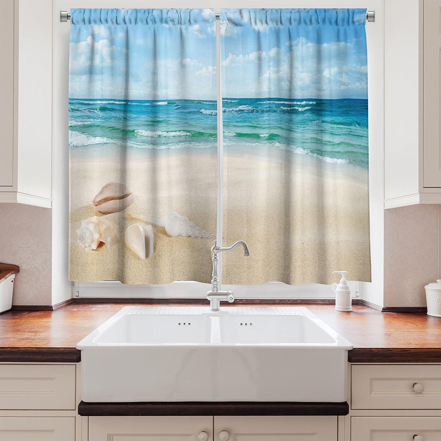 imageAmbesonne Kitchen Decor Collection Sunset View on The Beach Shore Waves Surf Modern Home Decor Rocks Boats Sea Scenery Window Treatments for Kitchen Curtains 2 Panels 55X39 Inches Blue OrangeCream Teal