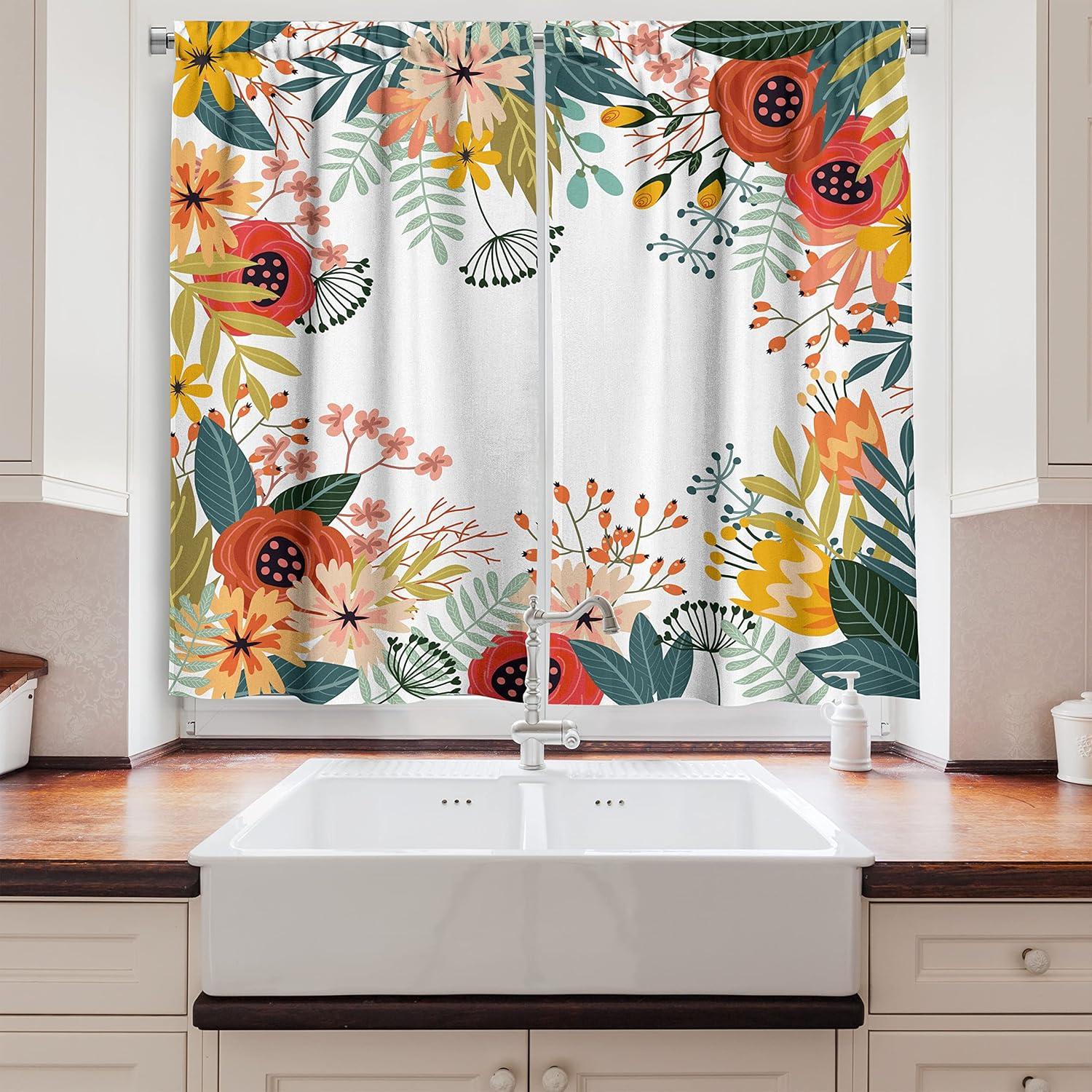 imageAmbesonne Kitchen Decor Collection Sunset View on The Beach Shore Waves Surf Modern Home Decor Rocks Boats Sea Scenery Window Treatments for Kitchen Curtains 2 Panels 55X39 Inches Blue OrangeDark Teal