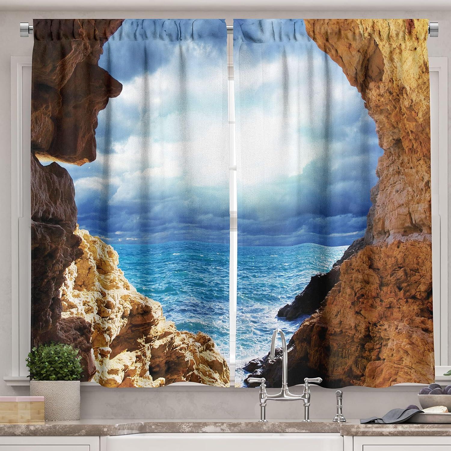 imageAmbesonne Kitchen Decor Collection Sunset View on The Beach Shore Waves Surf Modern Home Decor Rocks Boats Sea Scenery Window Treatments for Kitchen Curtains 2 Panels 55X39 Inches Blue OrangeBrown Blue