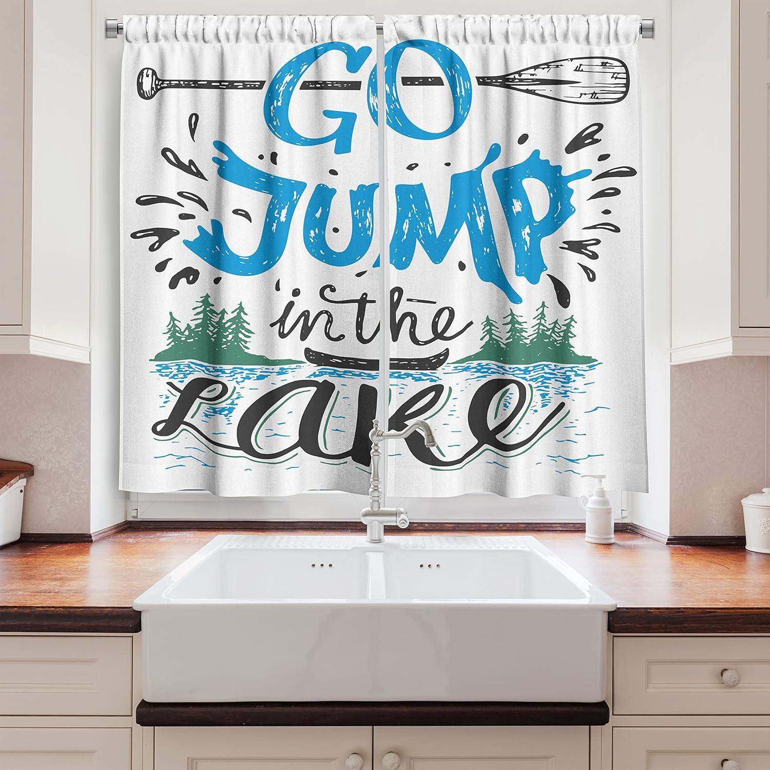 imageAmbesonne Kitchen Decor Collection Sunset View on The Beach Shore Waves Surf Modern Home Decor Rocks Boats Sea Scenery Window Treatments for Kitchen Curtains 2 Panels 55X39 Inches Blue OrangeGreen Black