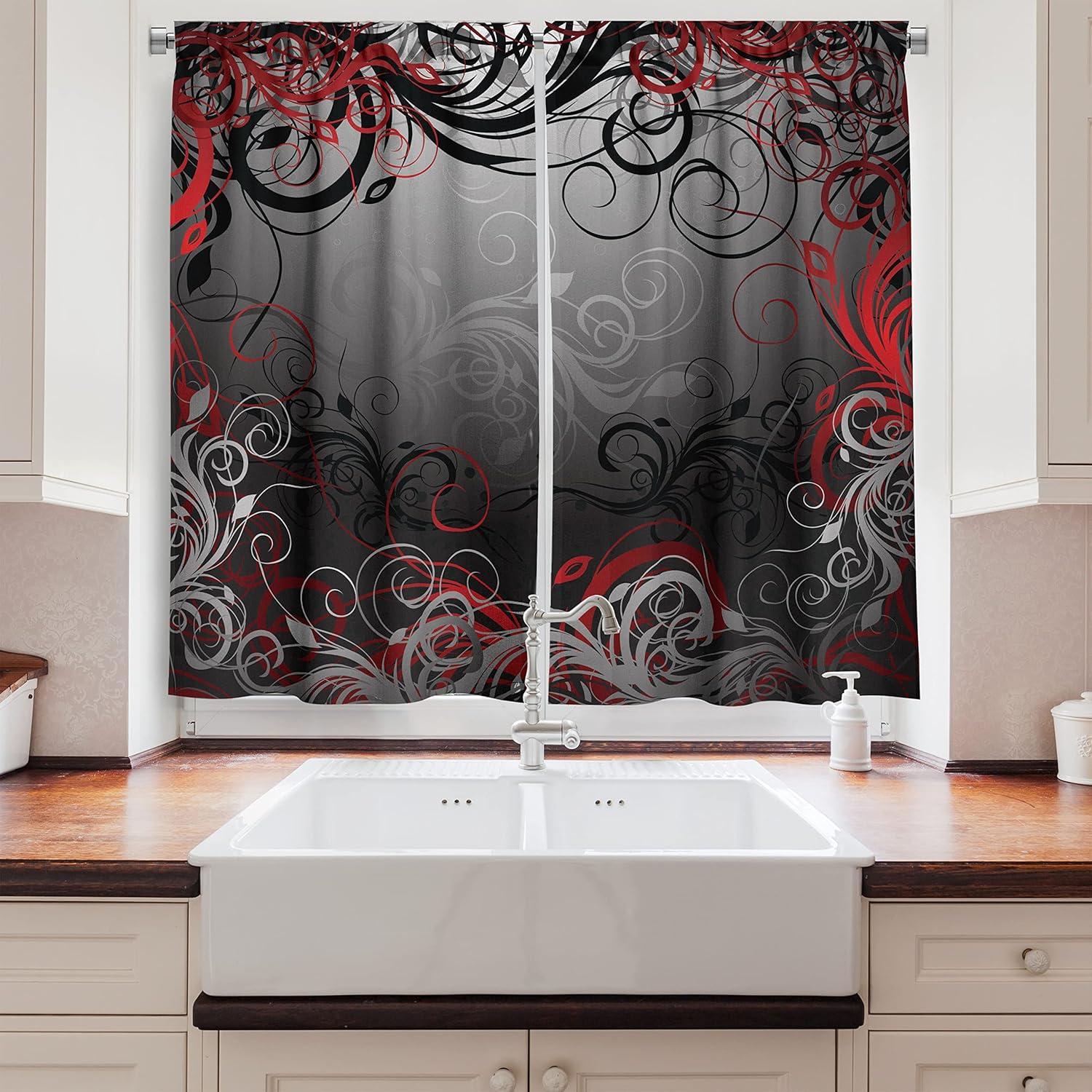 imageAmbesonne Kitchen Decor Collection Sunset View on The Beach Shore Waves Surf Modern Home Decor Rocks Boats Sea Scenery Window Treatments for Kitchen Curtains 2 Panels 55X39 Inches Blue OrangeCharcoal Grey Pale Ruby