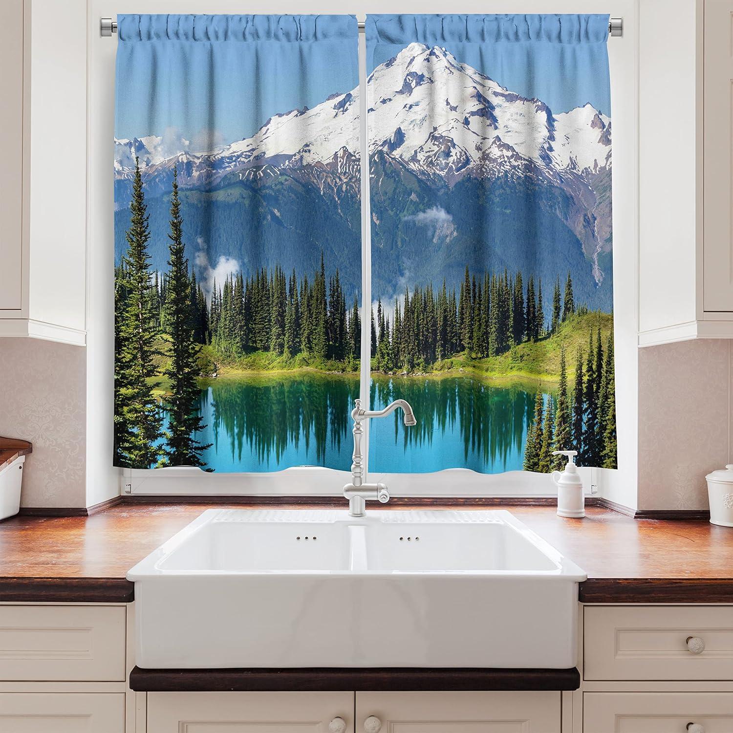 imageAmbesonne Kitchen Decor Collection Sunset View on The Beach Shore Waves Surf Modern Home Decor Rocks Boats Sea Scenery Window Treatments for Kitchen Curtains 2 Panels 55X39 Inches Blue OrangeGreen Fern