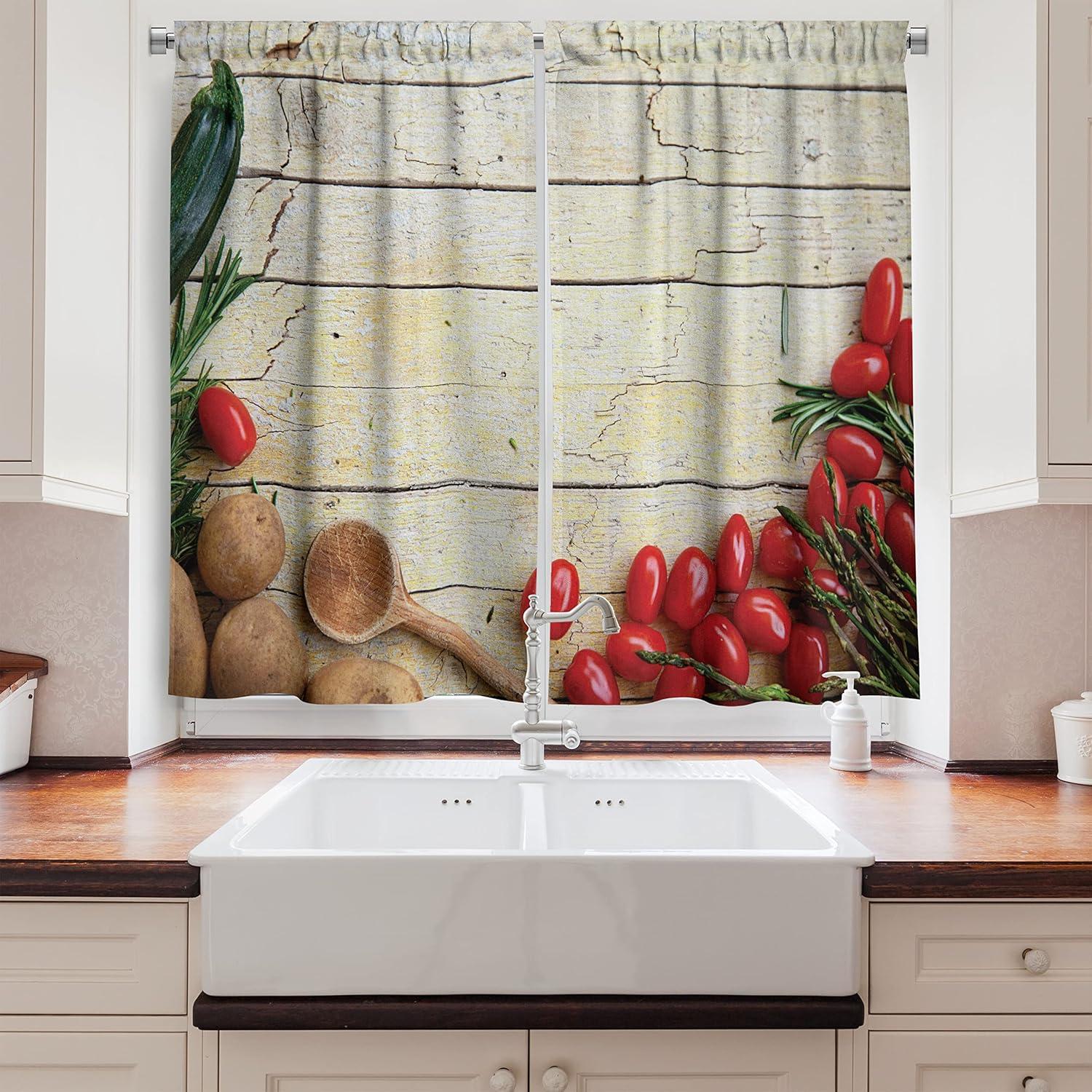 imageAmbesonne Kitchen Decor Collection Sunset View on The Beach Shore Waves Surf Modern Home Decor Rocks Boats Sea Scenery Window Treatments for Kitchen Curtains 2 Panels 55X39 Inches Blue OrangeBrown Green