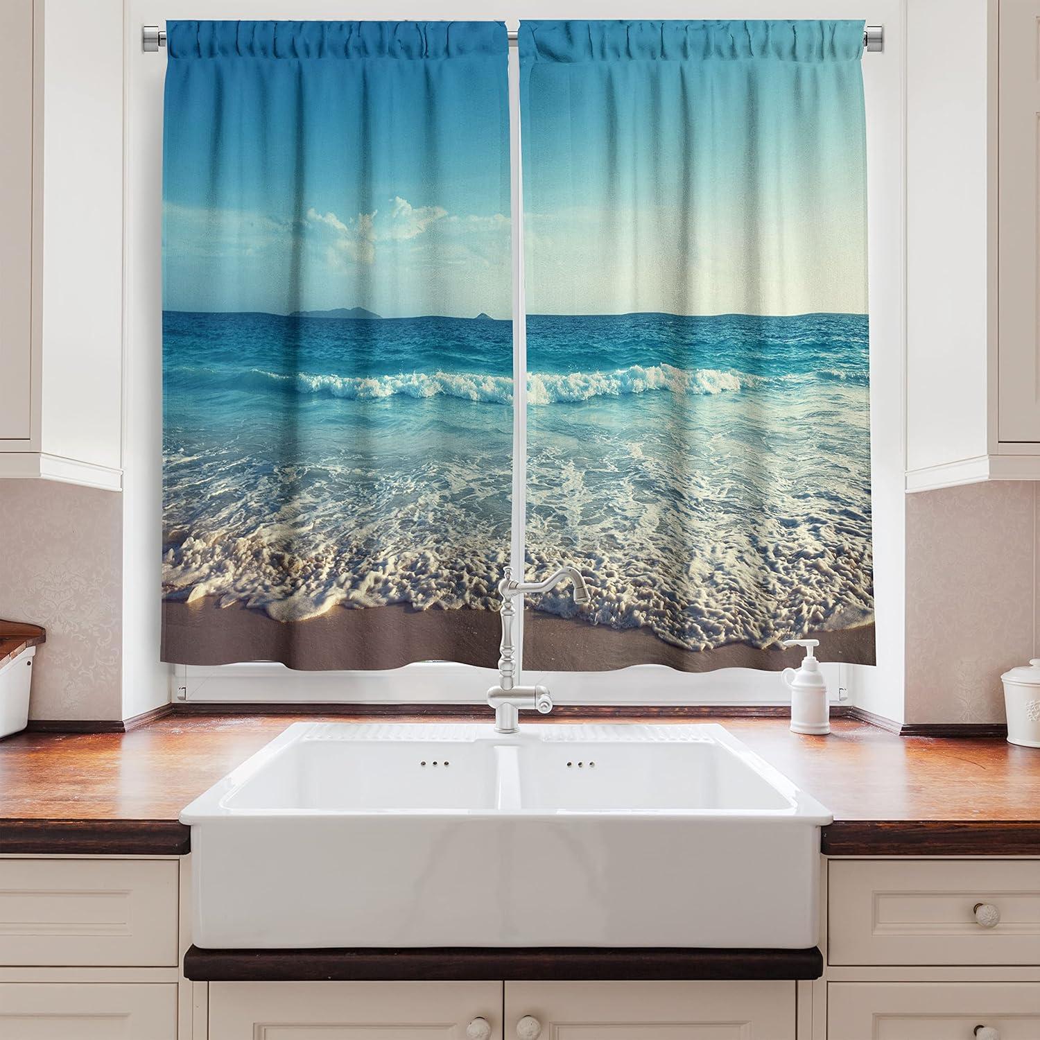 imageAmbesonne Kitchen Decor Collection Sunset View on The Beach Shore Waves Surf Modern Home Decor Rocks Boats Sea Scenery Window Treatments for Kitchen Curtains 2 Panels 55X39 Inches Blue OrangeTurquoise