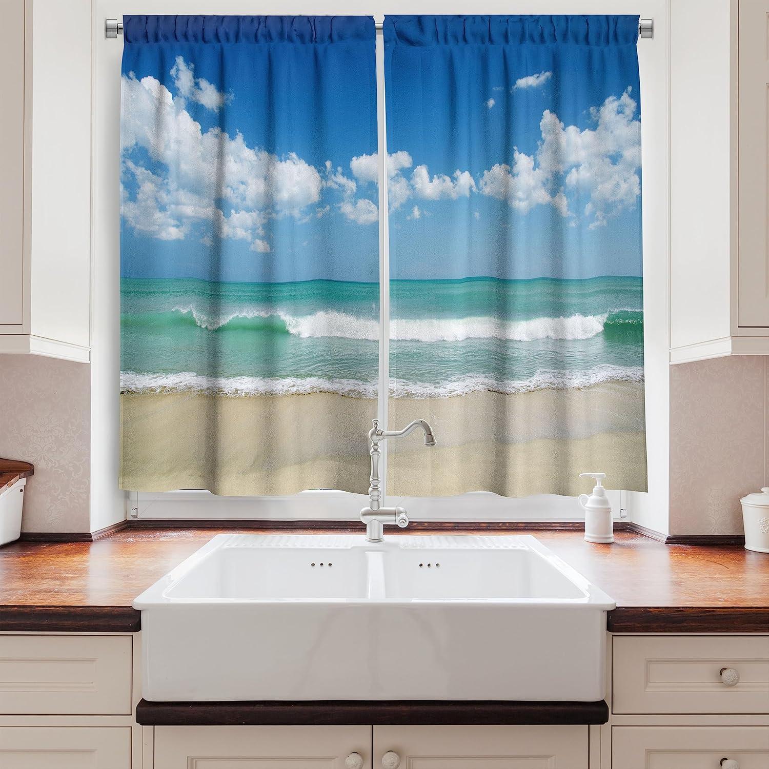 imageAmbesonne Kitchen Decor Collection Sunset View on The Beach Shore Waves Surf Modern Home Decor Rocks Boats Sea Scenery Window Treatments for Kitchen Curtains 2 Panels 55X39 Inches Blue OrangeTurquoise Cream
