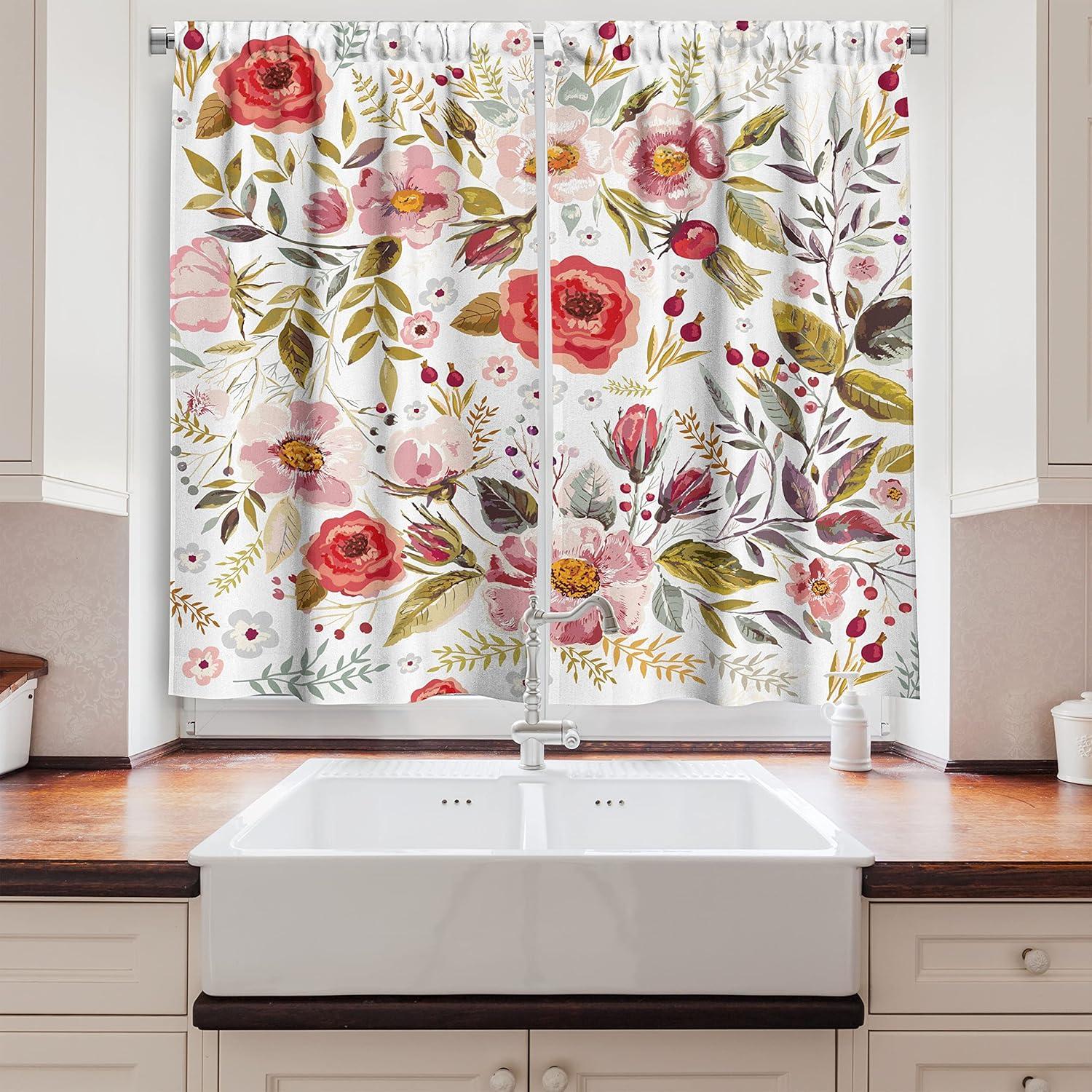imageAmbesonne Kitchen Decor Collection Sunset View on The Beach Shore Waves Surf Modern Home Decor Rocks Boats Sea Scenery Window Treatments for Kitchen Curtains 2 Panels 55X39 Inches Blue OrangePink Cream