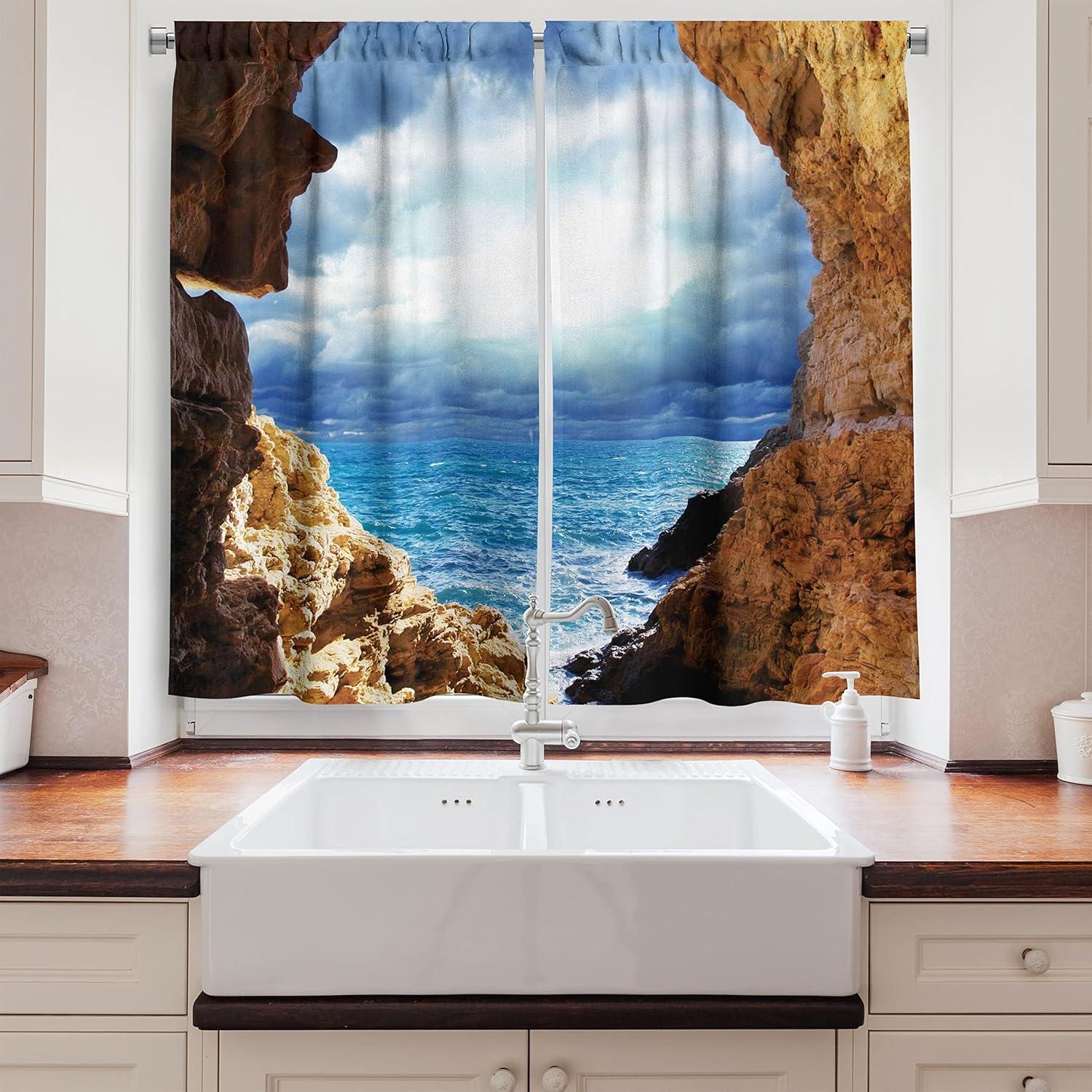 imageAmbesonne Kitchen Decor Collection Sunset View on The Beach Shore Waves Surf Modern Home Decor Rocks Boats Sea Scenery Window Treatments for Kitchen Curtains 2 Panels 55X39 Inches Blue OrangeBrown Blue