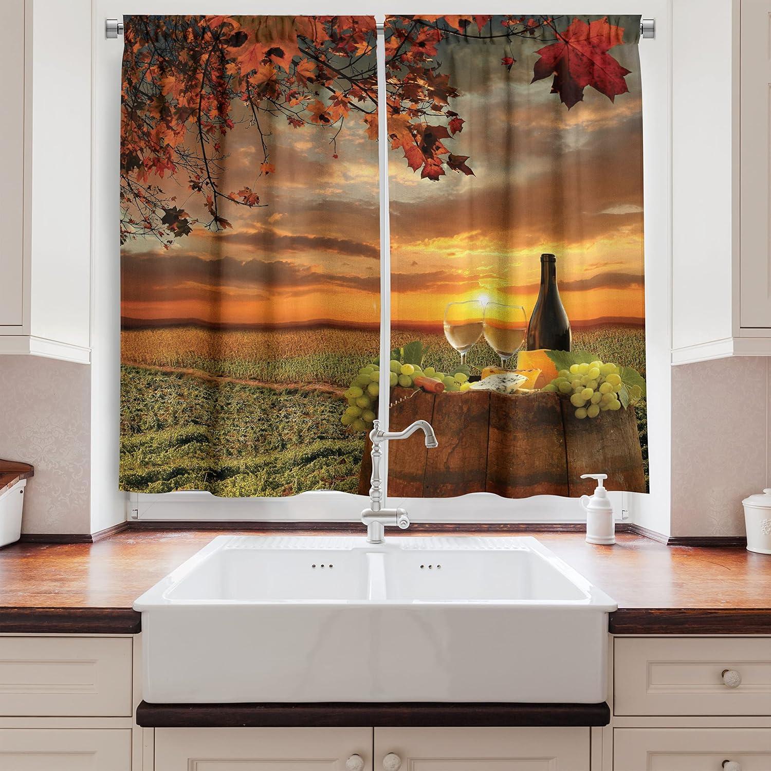 imageAmbesonne Kitchen Decor Collection Sunset View on The Beach Shore Waves Surf Modern Home Decor Rocks Boats Sea Scenery Window Treatments for Kitchen Curtains 2 Panels 55X39 Inches Blue OrangeGreen Orange