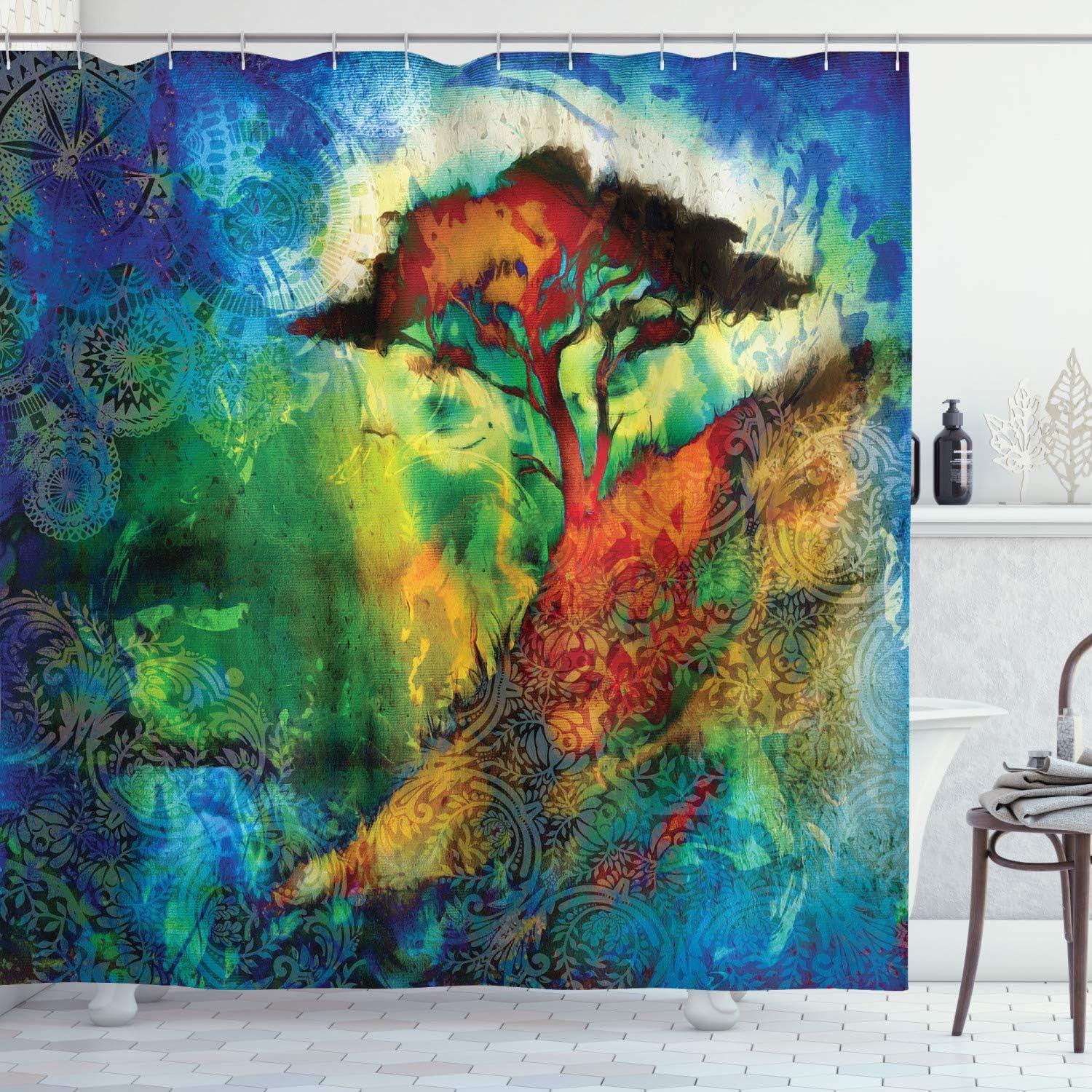 imageAmbesonne Nature Shower Curtain Winter Animals Colorful Group of Birds Sitting on Tree Forest Design with Reindeers Cloth Fabric Bathroom Decor Set with Hooks 69quot W x 70quot L White and GreyBurgundy Jade Green Apricot