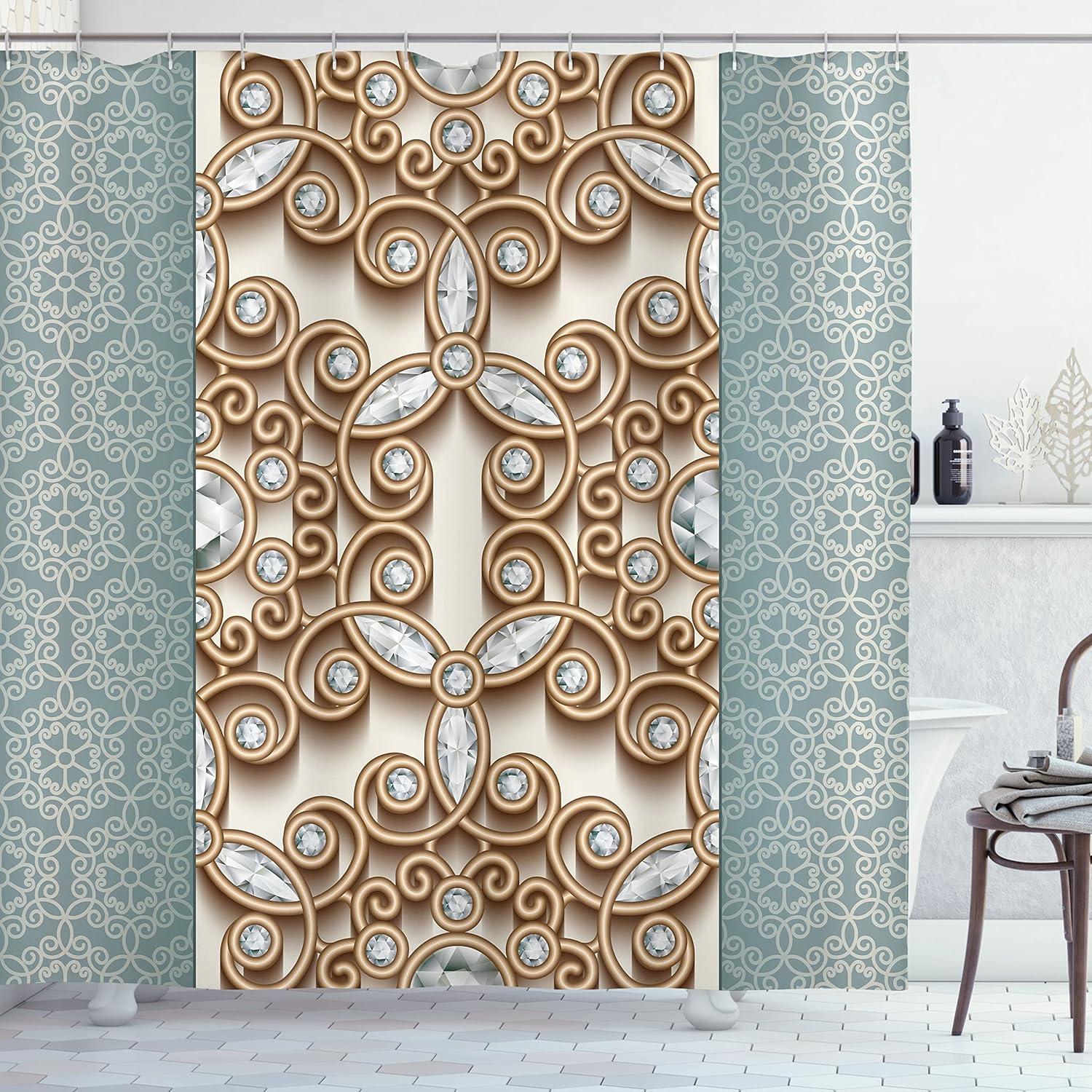 imageAmbesonne Nature Shower Curtain Winter Animals Colorful Group of Birds Sitting on Tree Forest Design with Reindeers Cloth Fabric Bathroom Decor Set with Hooks 69quot W x 70quot L White and GreyTeal and Tan