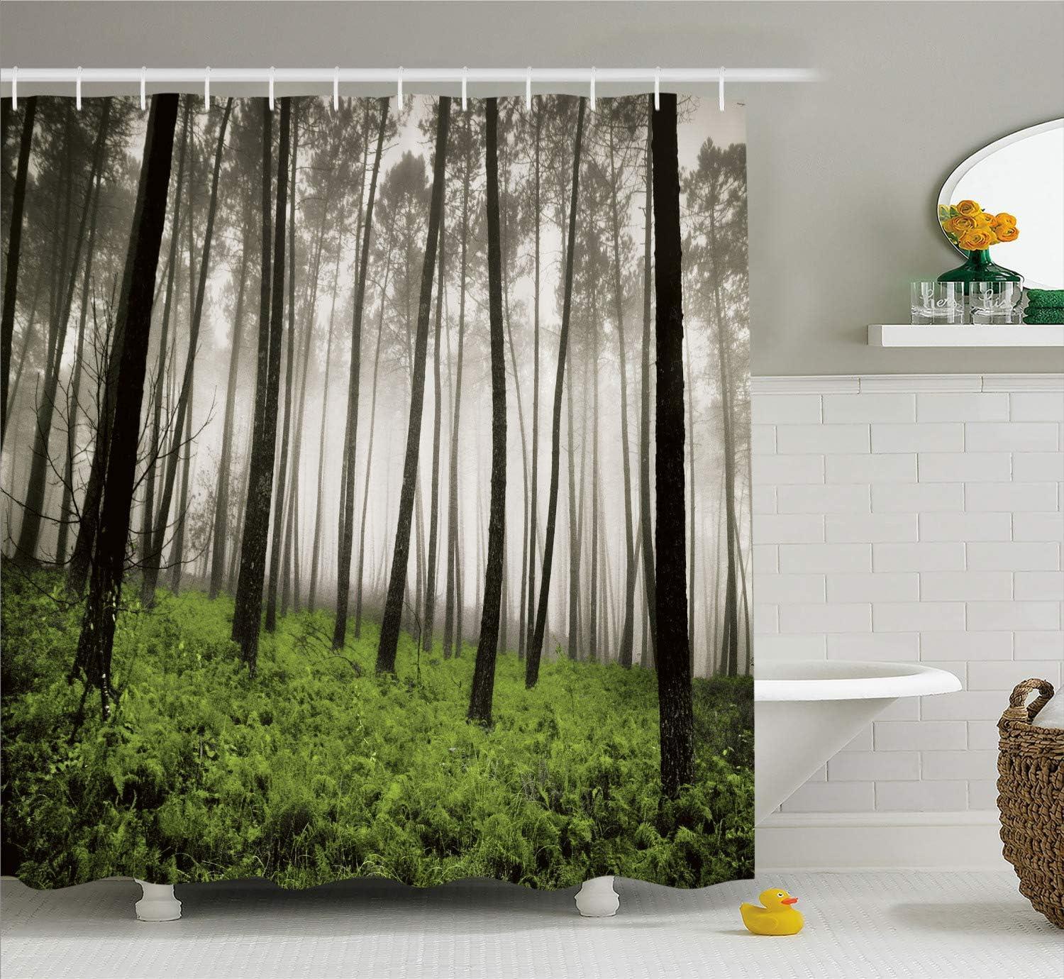 imageAmbesonne Nature Shower Curtain Winter Animals Colorful Group of Birds Sitting on Tree Forest Design with Reindeers Cloth Fabric Bathroom Decor Set with Hooks 69quot W x 70quot L White and GreyGreen Brown