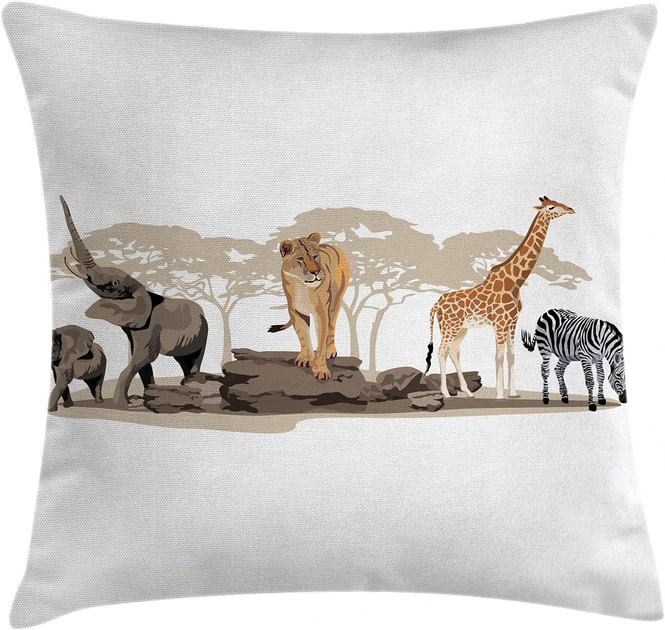 imageAmbesonne Safari Throw Pillow Cushion Cover Illustration of Wild Savannahs Animals Exotic Giraffe Lion Elephant Zebra Decorative Square Accent Pillow Case 16quot X 16quot BeigeBeige