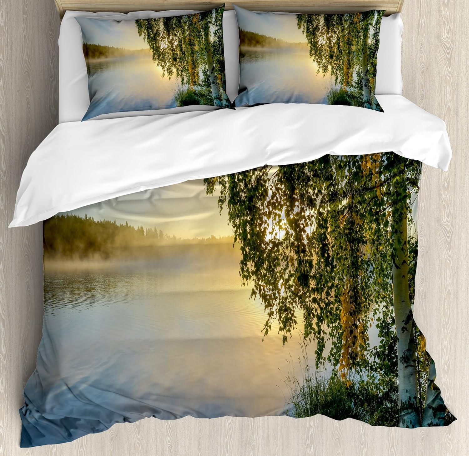 imageAmbesonne Snowflake Duvet Cover Set Lace Style Arrangement of Snowflakes Winter Season Christmas Illustration Decorative 3 Piece Bedding Set with 2 Pillow Shams California King Blue Black WhiteFern Green