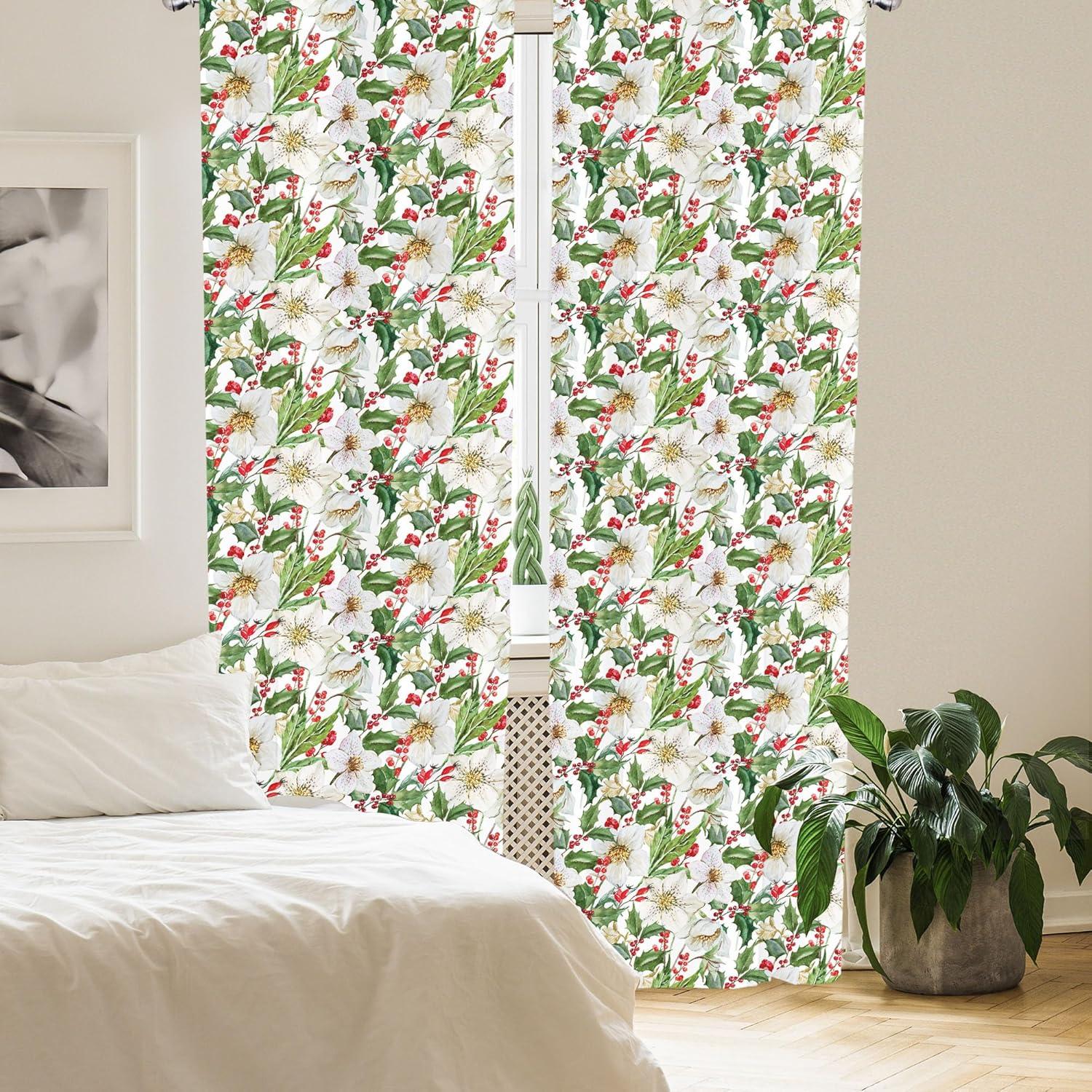 imageAmbesonne Watercolor Window Curtains Christmas Themed Floral Poinsettia Berries Winter Inspirations Leaf Lightweight Decor 2Panel Set with Rod Pocket Pair of 28quot x 84quot Vermilion Yellow GreenVermilion Yellow Green