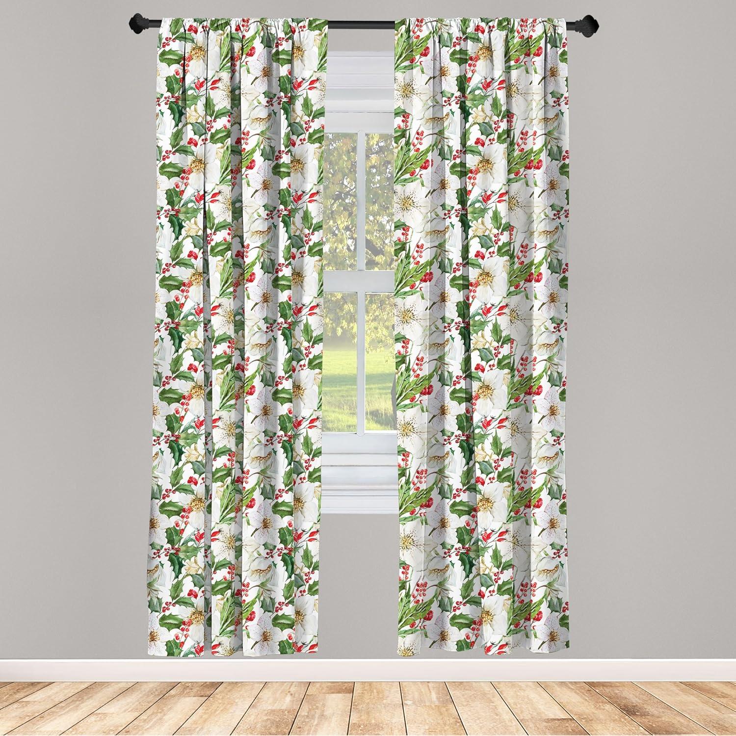 imageAmbesonne Watercolor Window Curtains Christmas Themed Floral Poinsettia Berries Winter Inspirations Leaf Lightweight Decor 2Panel Set with Rod Pocket Pair of 28quot x 84quot Vermilion Yellow GreenVermilion Yellow Green