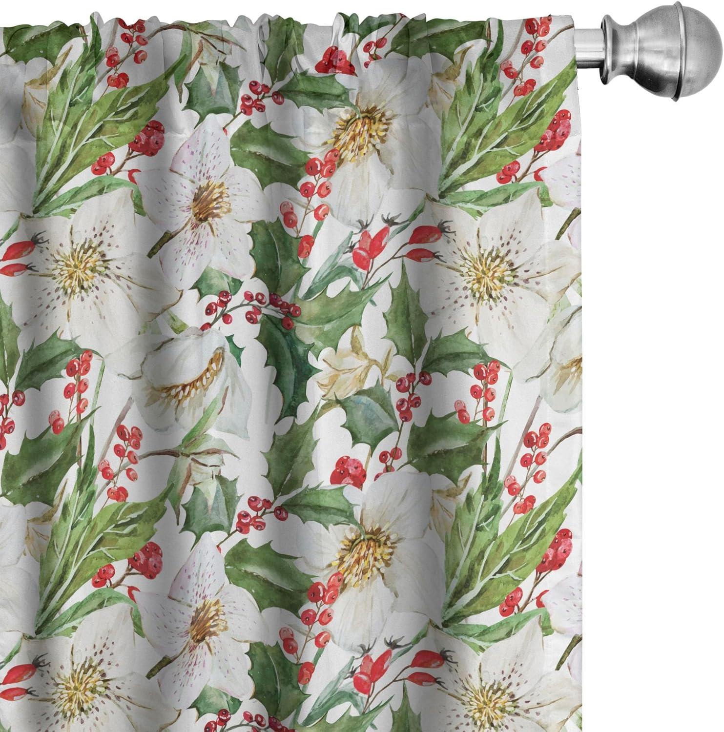 imageAmbesonne Watercolor Window Curtains Christmas Themed Floral Poinsettia Berries Winter Inspirations Leaf Lightweight Decor 2Panel Set with Rod Pocket Pair of 28quot x 84quot Vermilion Yellow GreenVermilion Yellow Green