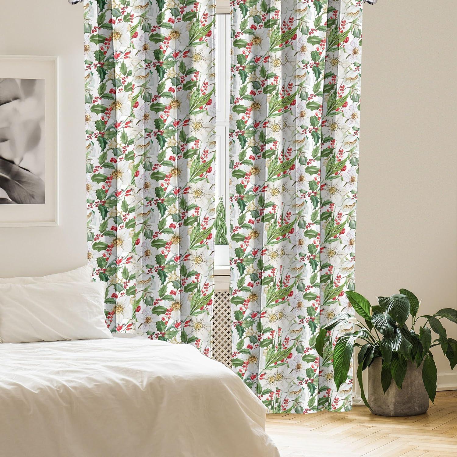 imageAmbesonne Watercolor Window Curtains Christmas Themed Floral Poinsettia Berries Winter Inspirations Leaf Lightweight Decor 2Panel Set with Rod Pocket Pair of 28quot x 84quot Vermilion Yellow GreenVermilion Yellow Green