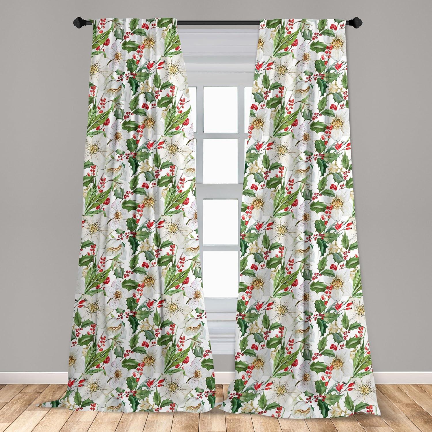 imageAmbesonne Watercolor Window Curtains Christmas Themed Floral Poinsettia Berries Winter Inspirations Leaf Lightweight Decor 2Panel Set with Rod Pocket Pair of 28quot x 84quot Vermilion Yellow GreenVermilion Yellow Green