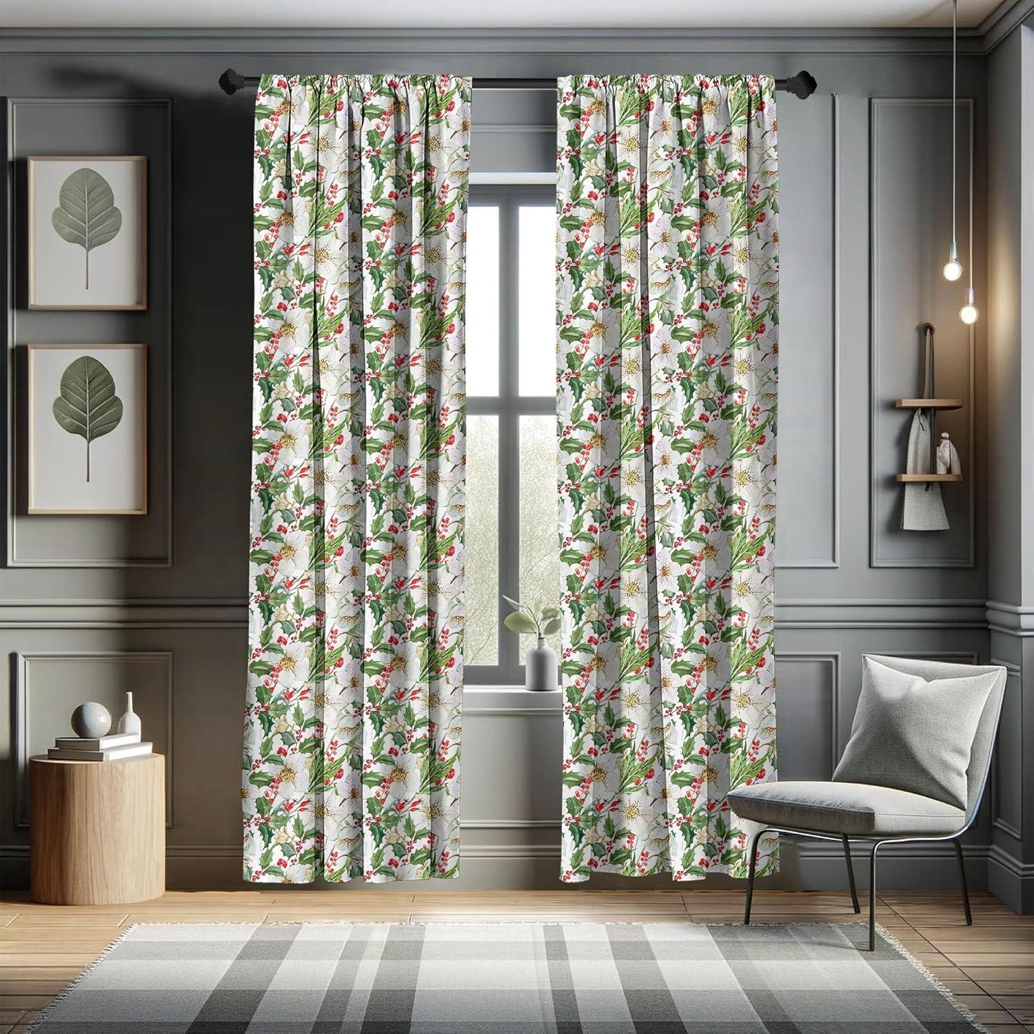 imageAmbesonne Watercolor Window Curtains Christmas Themed Floral Poinsettia Berries Winter Inspirations Leaf Lightweight Decor 2Panel Set with Rod Pocket Pair of 28quot x 84quot Vermilion Yellow GreenVermilion Yellow Green
