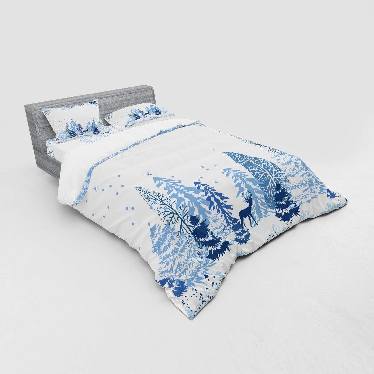 imageAmbesonne Winter Bedding Set Winter Scene with Deer Frozen Trees and Snow Christmas Season Pine Trees Bushes 4 Piece Duvet Cover Set with Shams and Fitted Sheet Queen Size Blue White