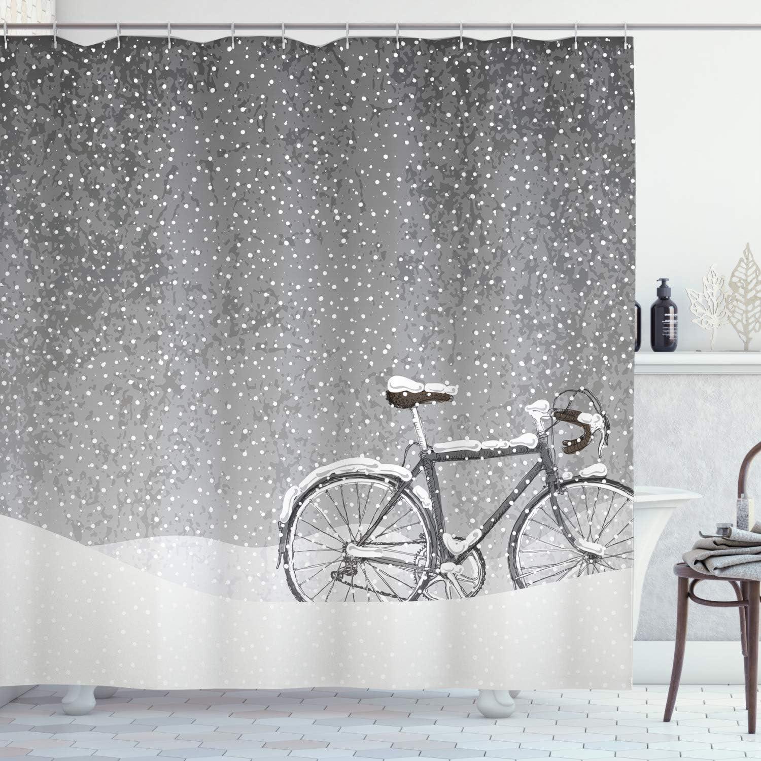 imageAmbesonne Winter Shower Curtain Bicycle Covered Snow Cold Weather Seasonal Calm Scenery Christmas Inspired Cloth Fabric Bathroom Decor Set with Hooks 69quot W x 70quot L White TaupeWhite Taupe