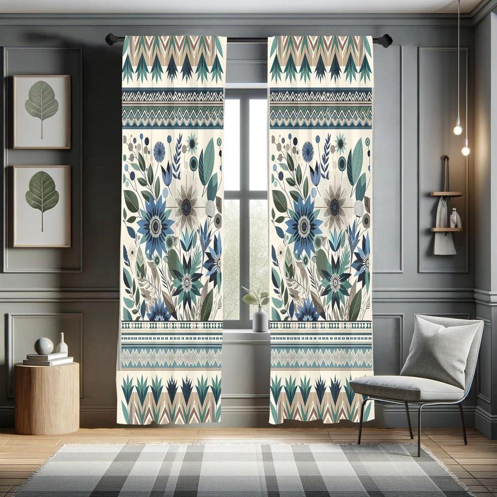 imageAmbesonne Bohemian Curtains Hexagons Floral Botany Art in Cold Colors Ocean and Nature Tones Window Treatments 2 Panel Set for Living Room Bedroom Pair of  28quot x 95quot Teal Green and Sea BlueEggshell Laurel Green