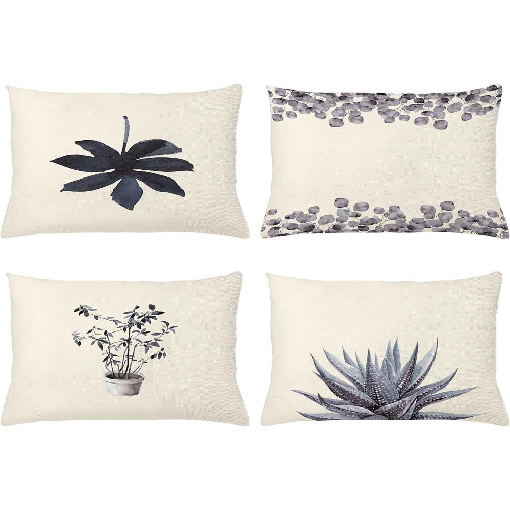 imageAmbesonne Botanical Throw Pillow Cushion Case Pack of 4 Minimalist Watercolor Painting Leaves Agave Branches Plant in a Pot Modern Accent DoubleSided Printing 20quot x 12quot Purpleblue and Dimgray