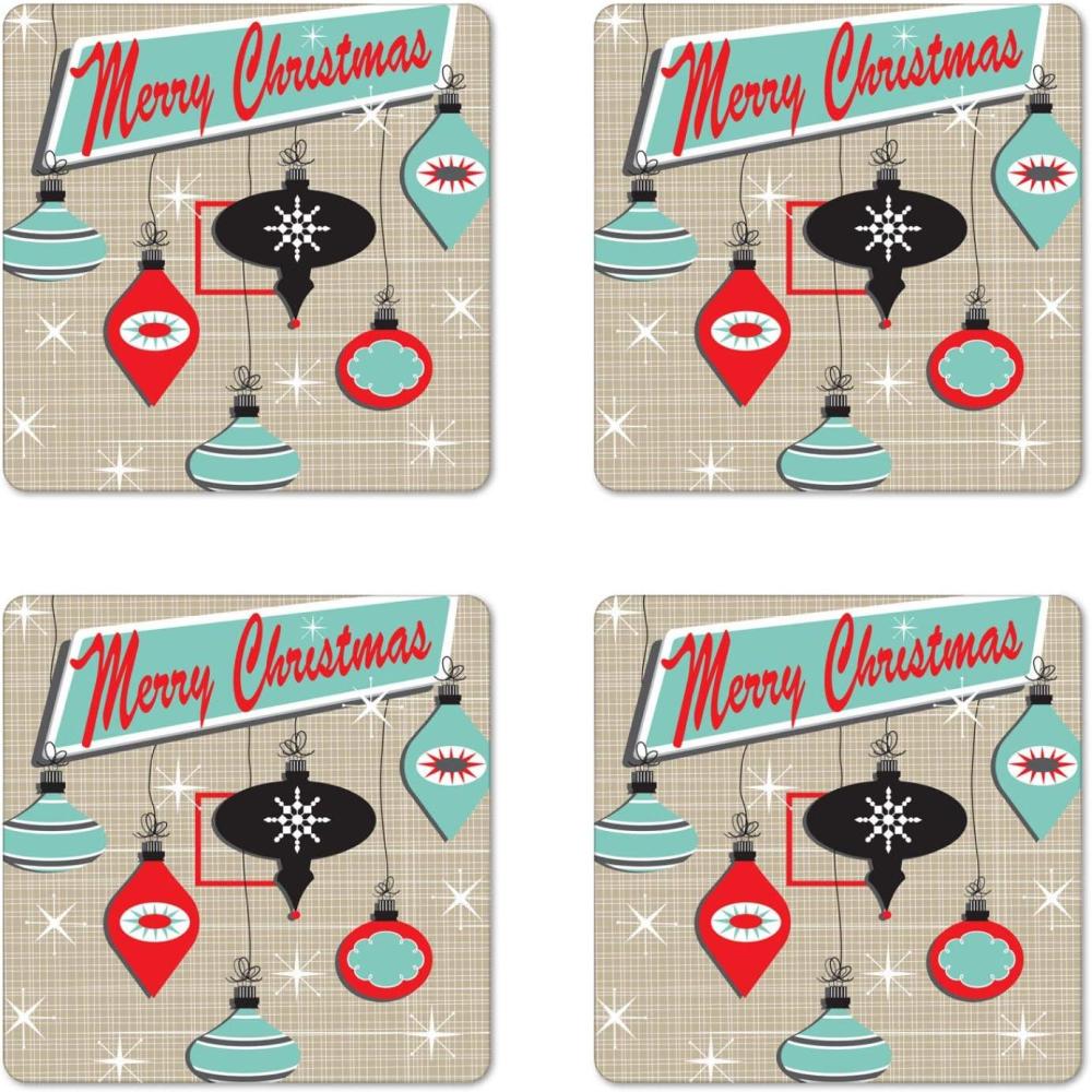 imageAmbesonne Christmas Coaster Set of 4 Retro Style Inspired Noel Slogan with Hanging Baubles on Doodle Grid Frame Print Square Hardboard Gloss Coasters Standard Size Teal BeigeTeal Beige