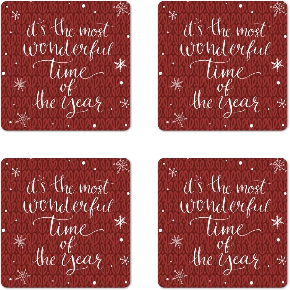 imageAmbesonne Christmas Coaster Set of 4 Retro Style Inspired Noel Slogan with Hanging Baubles on Doodle Grid Frame Print Square Hardboard Gloss Coasters Standard Size Teal BeigeBurgundy and White
