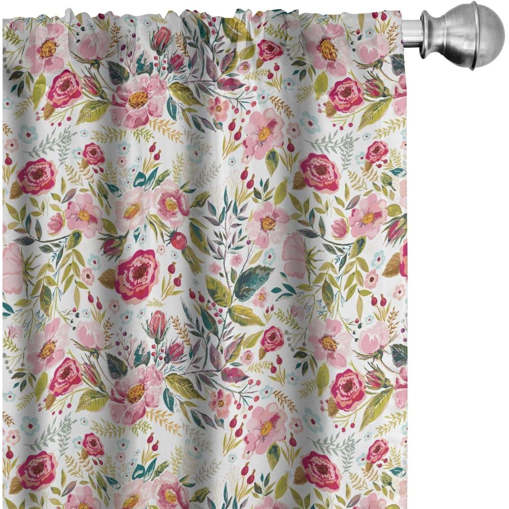 imageAmbesonne Christmas Curtains Tree Branches Spruce Leaves Balls Bells Cones Poinsettia Flowers Mistletoe Berry Window Treatments 2 Panel Set for Living Room Bedroom Pair of  28quot x 63quot Ruby GreenPink White