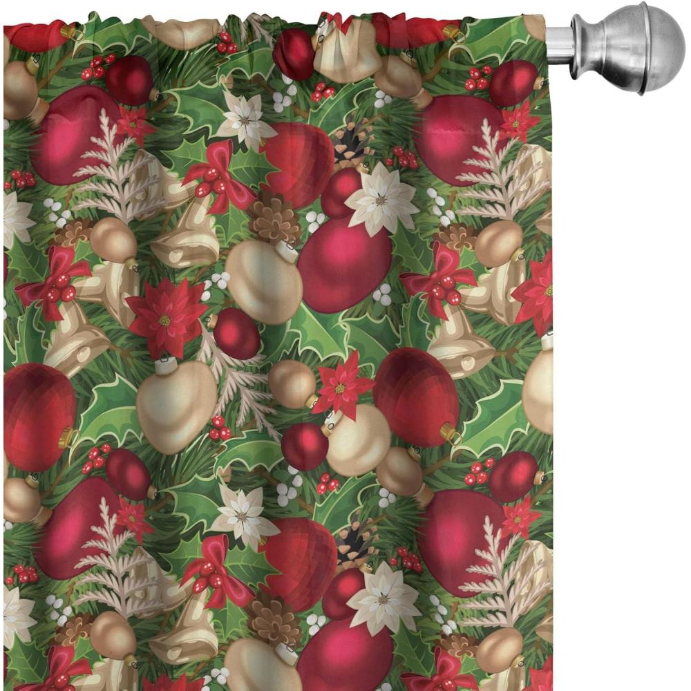 imageAmbesonne Christmas Curtains Tree Branches Spruce Leaves Balls Bells Cones Poinsettia Flowers Mistletoe Berry Window Treatments 2 Panel Set for Living Room Bedroom Pair of 28quot x 63quot Ruby GreenRuby Green
