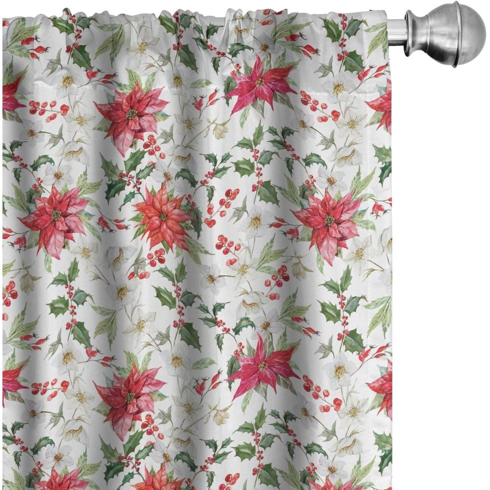 imageAmbesonne Christmas Curtains Tree Branches Spruce Leaves Balls Bells Cones Poinsettia Flowers Mistletoe Berry Window Treatments 2 Panel Set for Living Room Bedroom Pair of 28quot x 63quot Ruby GreenVermilion Green Magenta