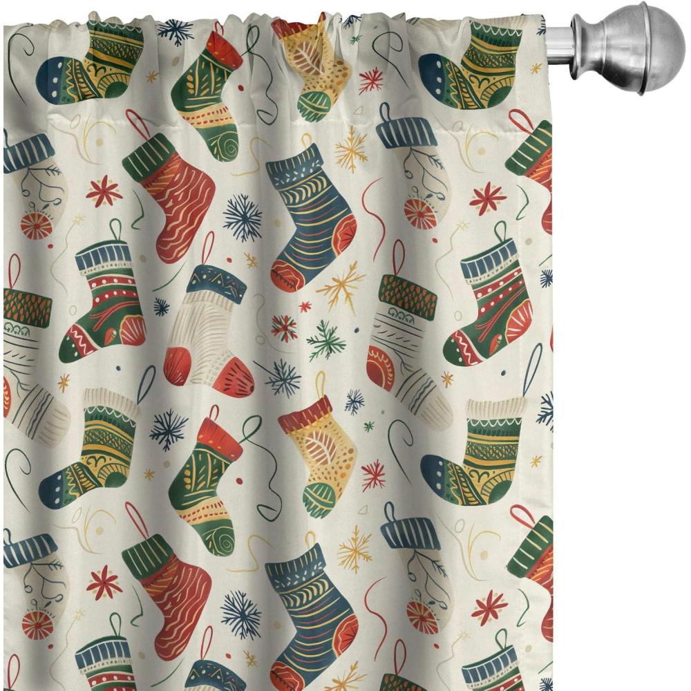 imageAmbesonne Christmas Curtains Tree Branches Spruce Leaves Balls Bells Cones Poinsettia Flowers Mistletoe Berry Window Treatments 2 Panel Set for Living Room Bedroom Pair of 28quot x 63quot Ruby GreenDark Coral Teal Blue Grey