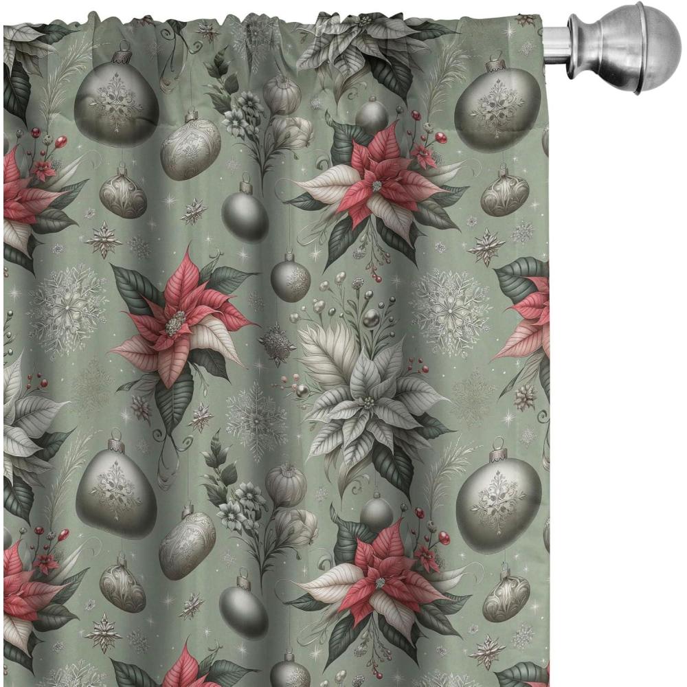 imageAmbesonne Christmas Curtains Tree Branches Spruce Leaves Balls Bells Cones Poinsettia Flowers Mistletoe Berry Window Treatments 2 Panel Set for Living Room Bedroom Pair of  28quot x 63quot Ruby GreenLaurel Green Coral Grey