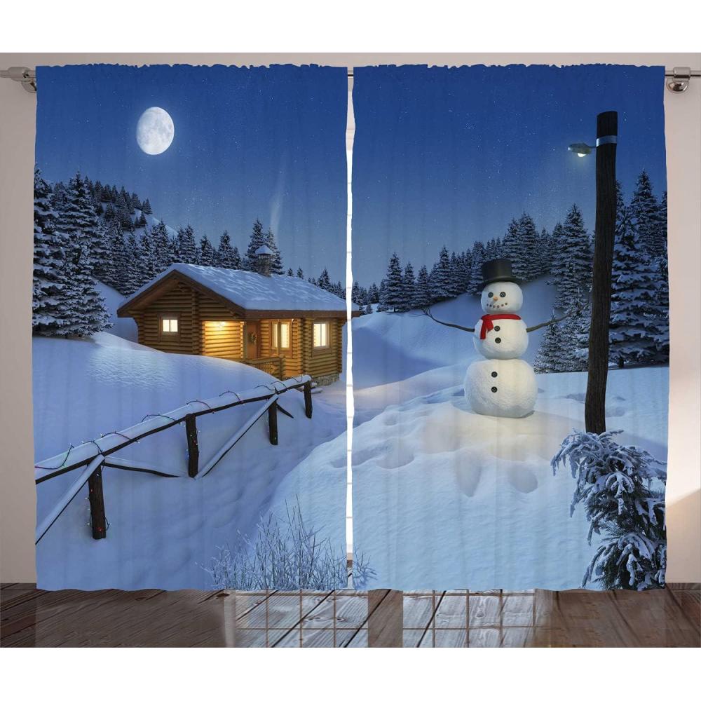 imageAmbesonne Christmas Curtains Wooden Rustic Log Cottage Scenery in The Winter Season Warm Moonlight Living Room Bedroom Window Drapes 2 Panel Set 108 X 84 White NavyWhite Navy