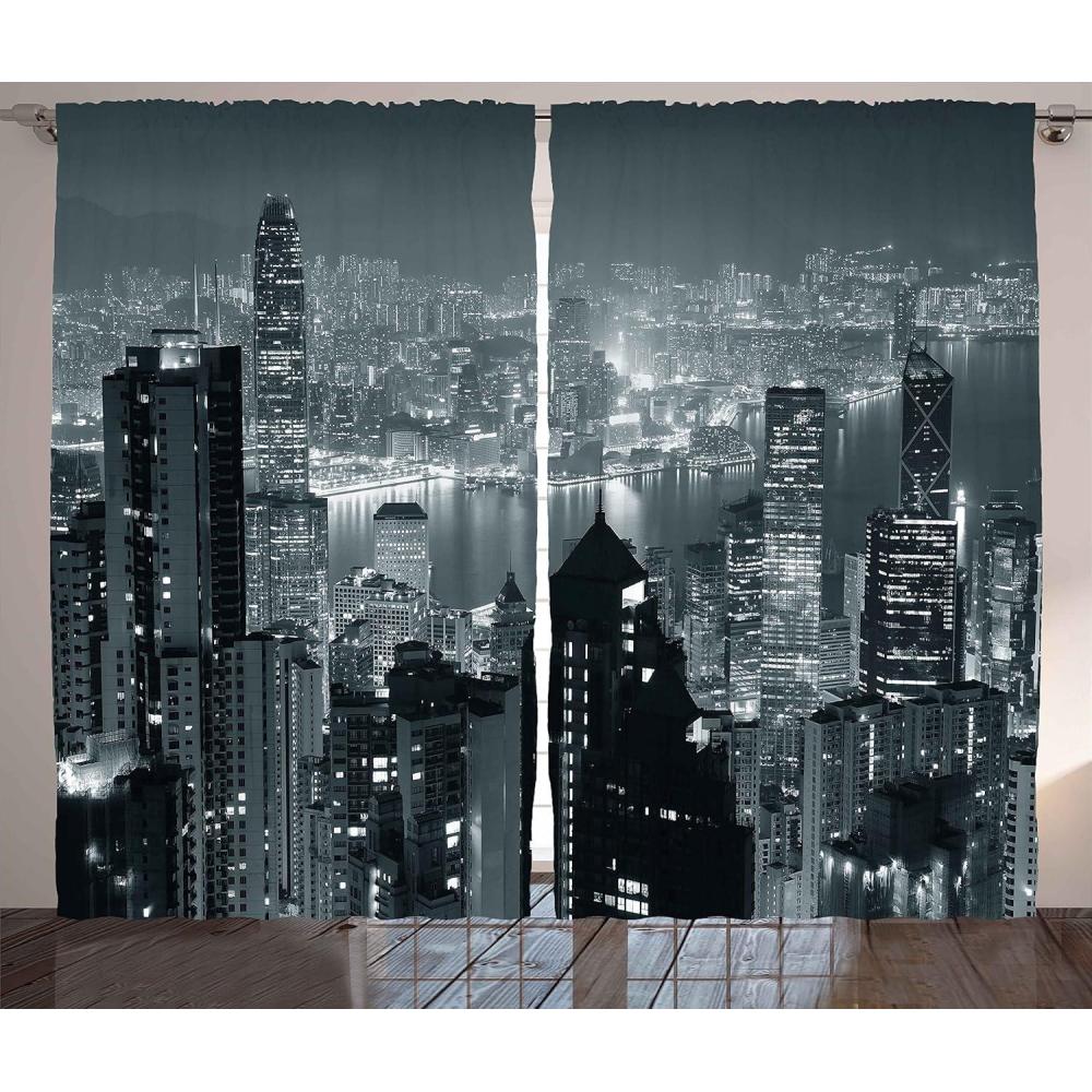imageAmbesonne Christmas Curtains Wooden Rustic Log Cottage Scenery in The Winter Season Warm Moonlight Living Room Bedroom Window Drapes 2 Panel Set 108 X 84 White NavyGrey Multicolor