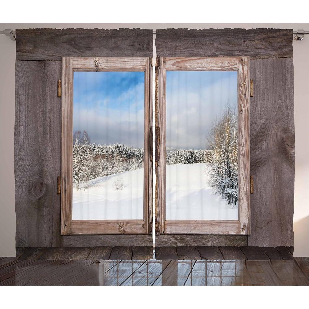 imageAmbesonne Christmas Curtains Wooden Rustic Log Cottage Scenery in The Winter Season Warm Moonlight Living Room Bedroom Window Drapes 2 Panel Set 108 X 84 White NavyUmber White Blue